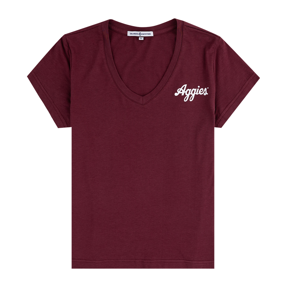 Maroon V-Neck Top with Script Aggies on Chest