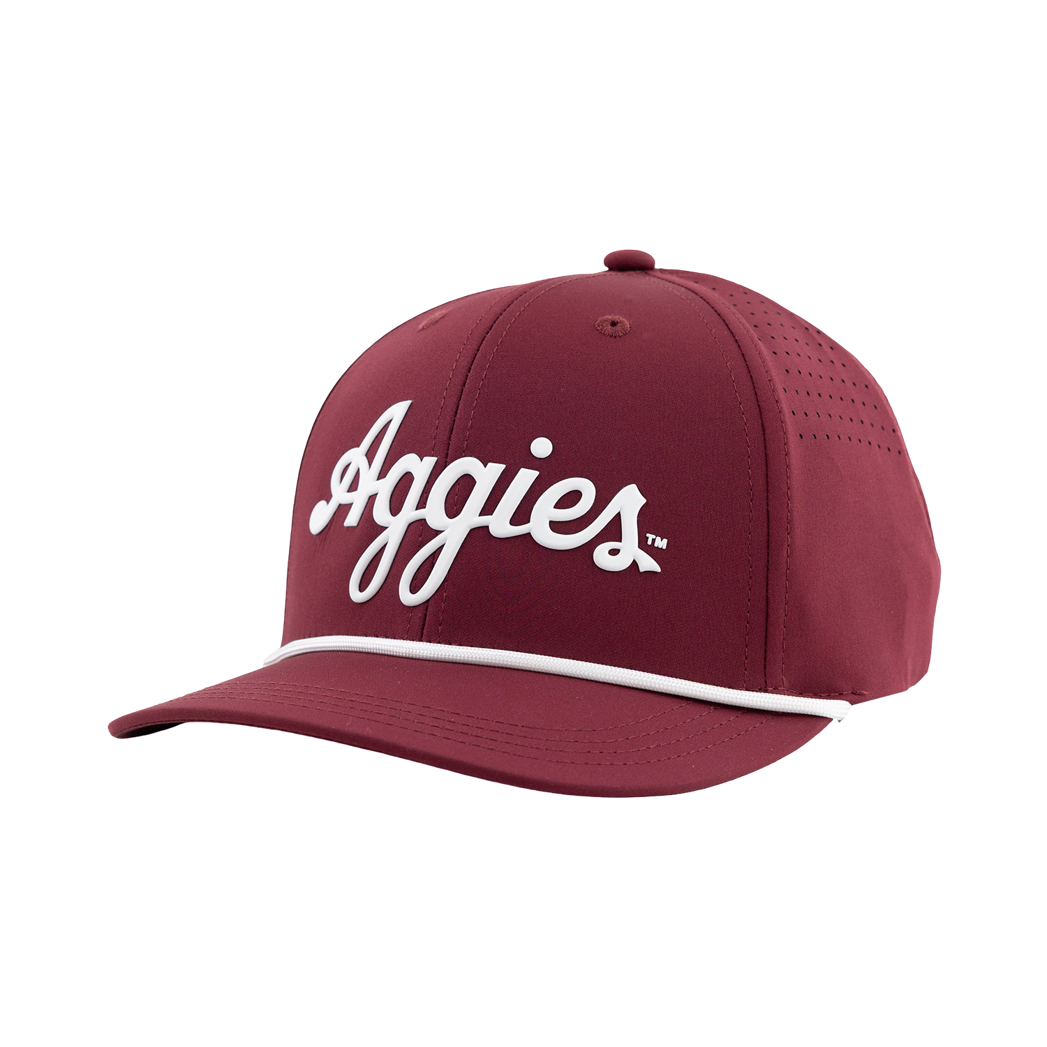 Maroon Youth Texas A&M cap featuring raised white “Aggies” script lettering, a white rope detail across the brim, and perforated side panels.