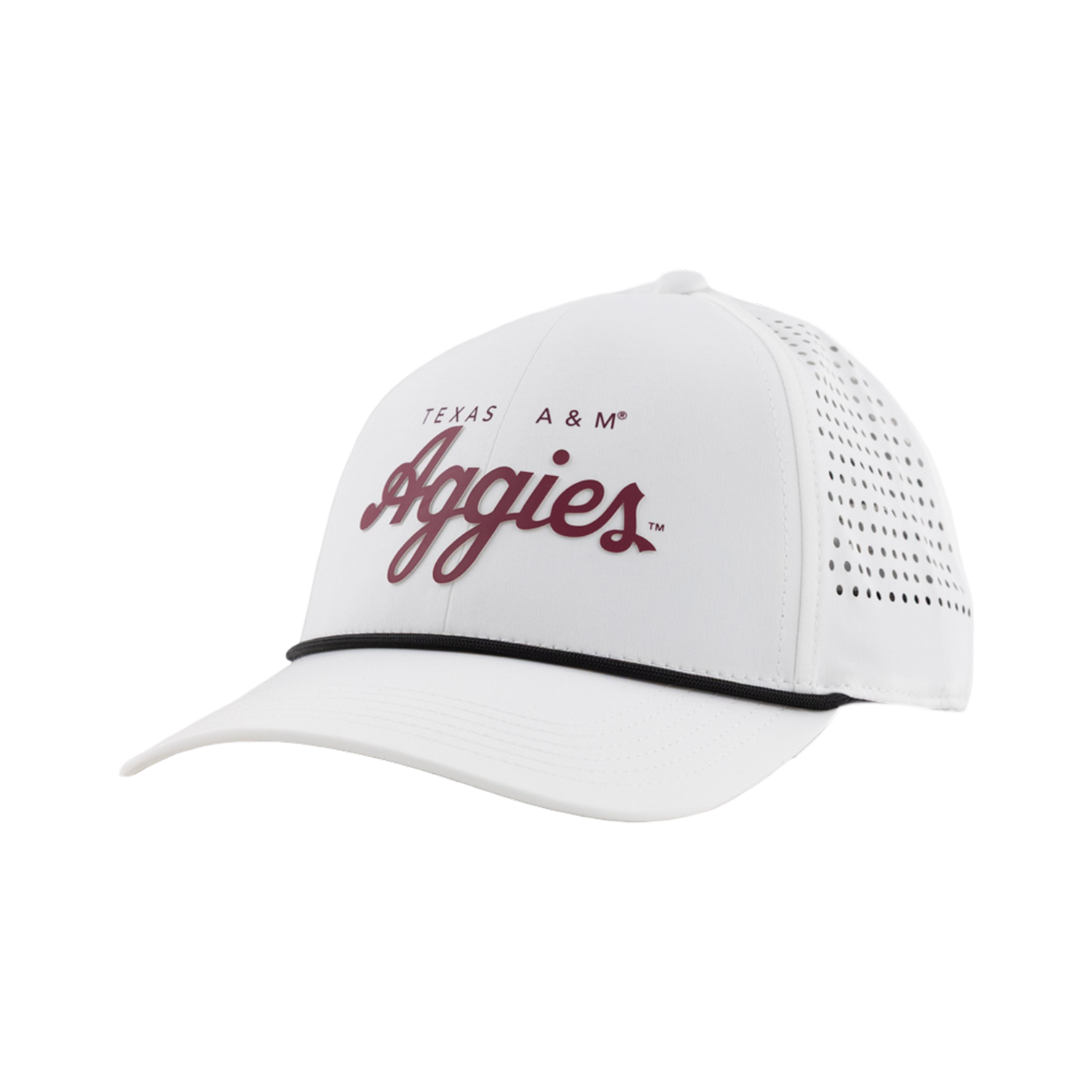 A white baseball cap featuring maroon script text that reads "Aggies" below small text reading "TEXAS A&M," with a black braided rope across the visor bill.   