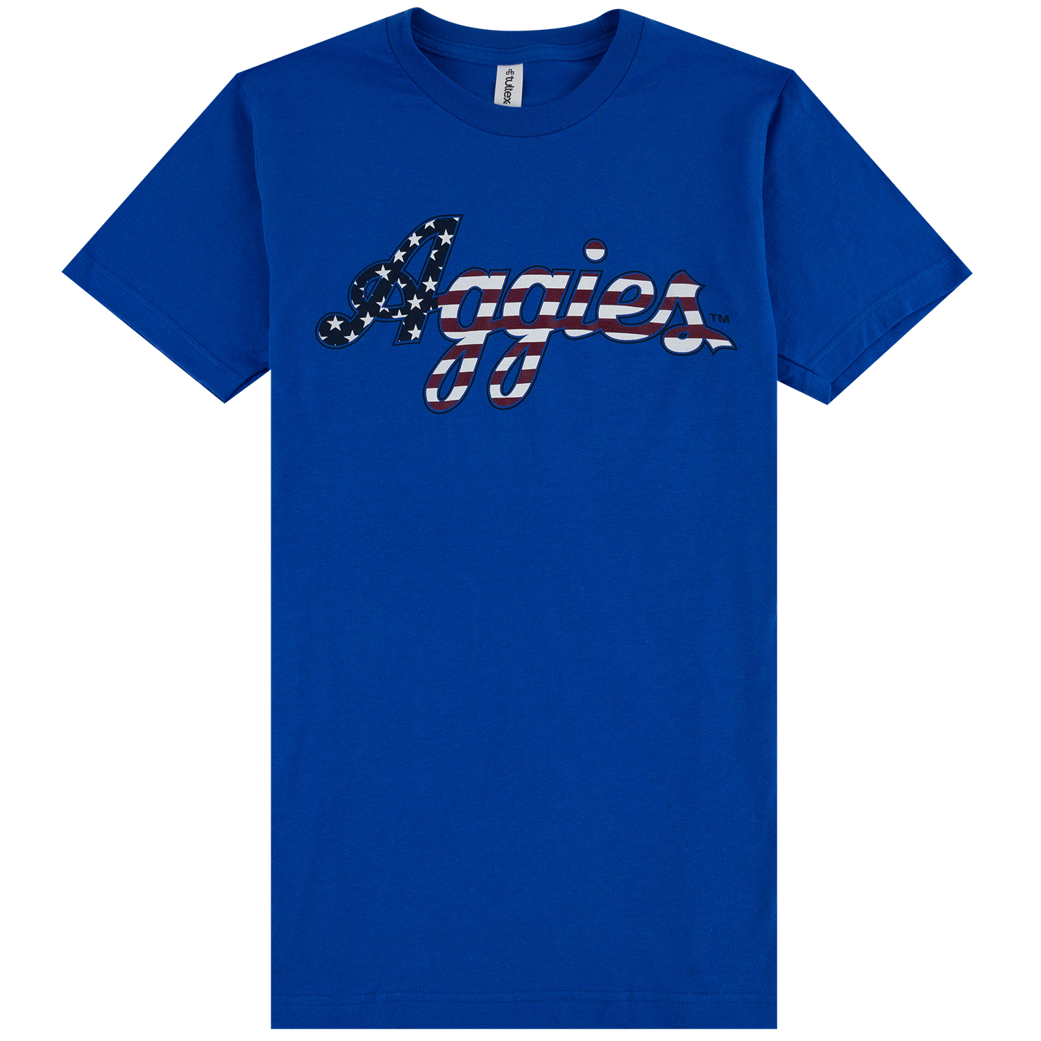 Blue t-shirt with script aggies graphic on front filled with American flag design.