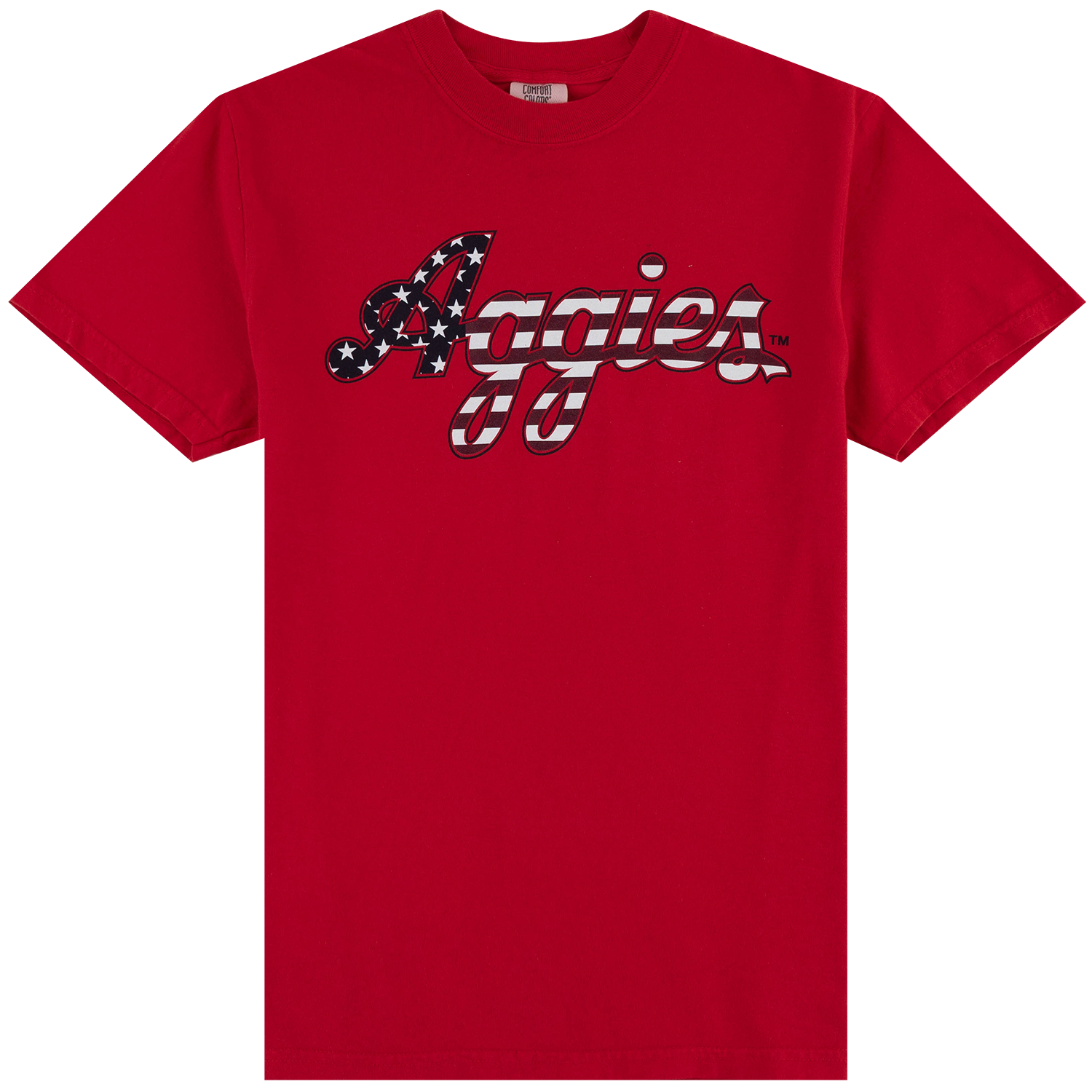 A red short-sleeve crewneck t-shirt featuring a stylized 'Aggies' graphic across the chest in a cursive font filled with a black, white, and blue American flag pattern.