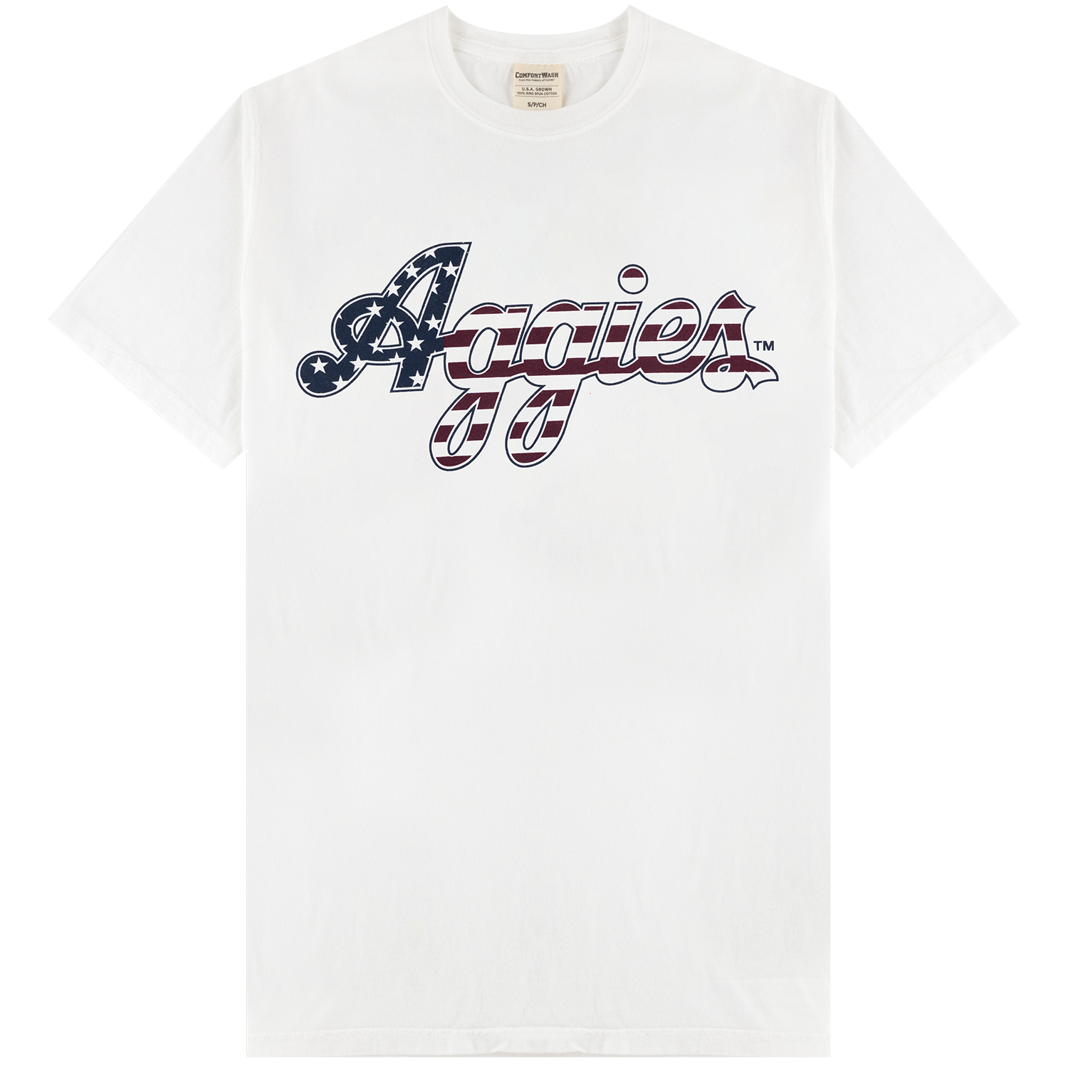 A white short-sleeve crewneck t-shirt featuring a large 'Aggies' graphic across the chest in a stylized script filled with an American flag pattern.