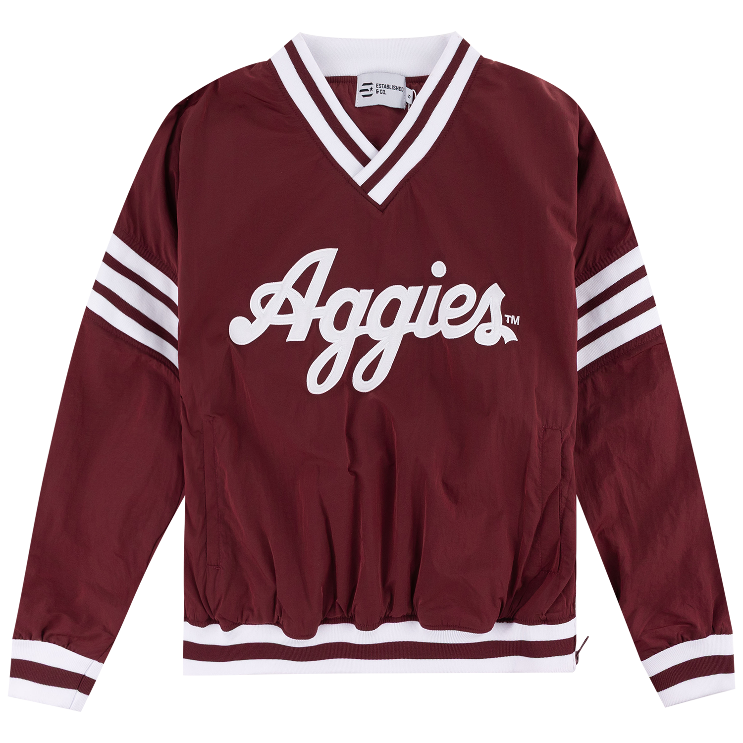 A maroon athletic jacket with white trim, featuring the word 'Aggies' in white script across the chest and white stripes on the sleeves, shown flat against a white background.