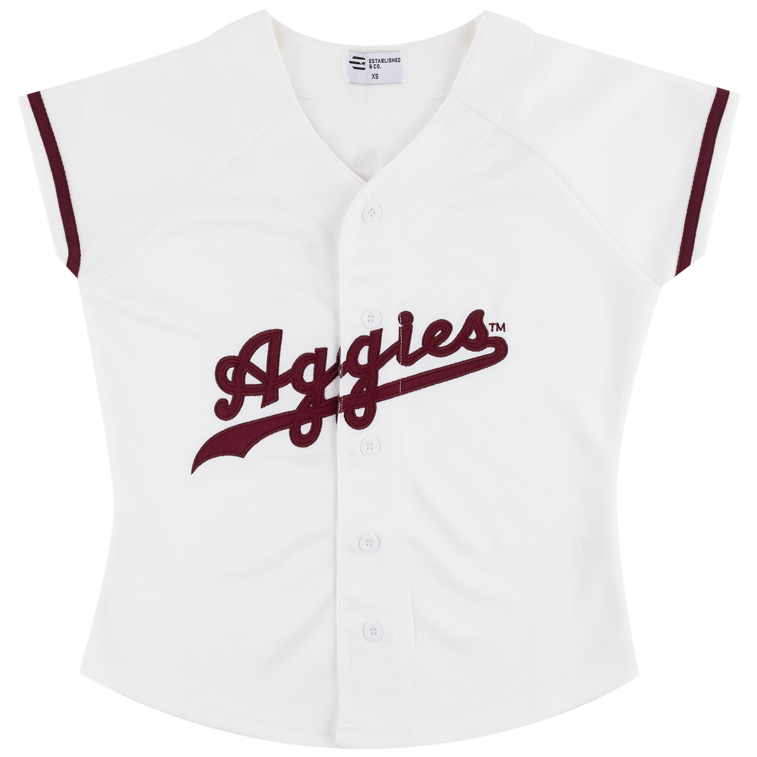White womens cut baseball jersey with maroon script Aggies on front.