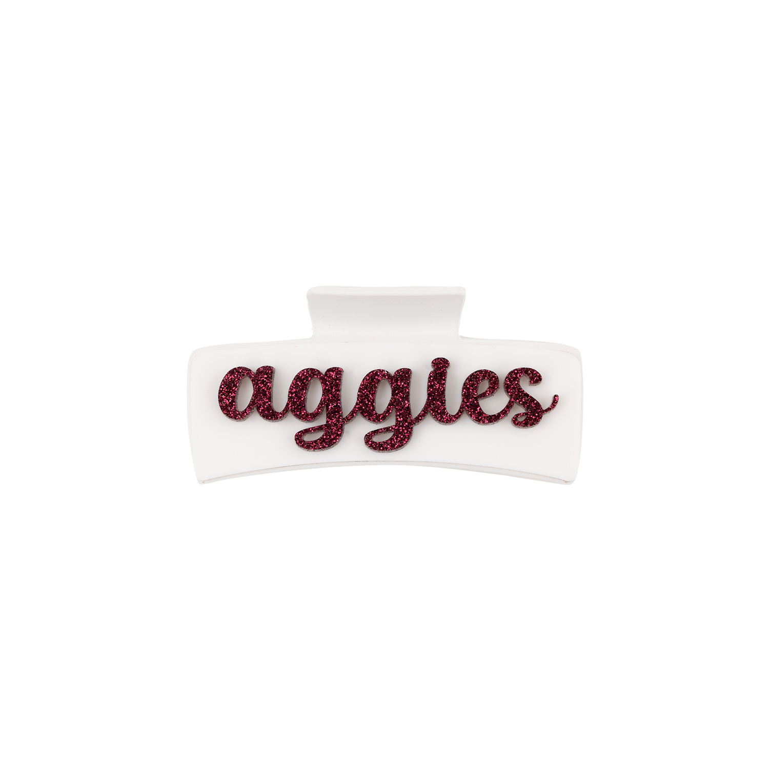 White claw clip with maroon script aggies text across both sides
