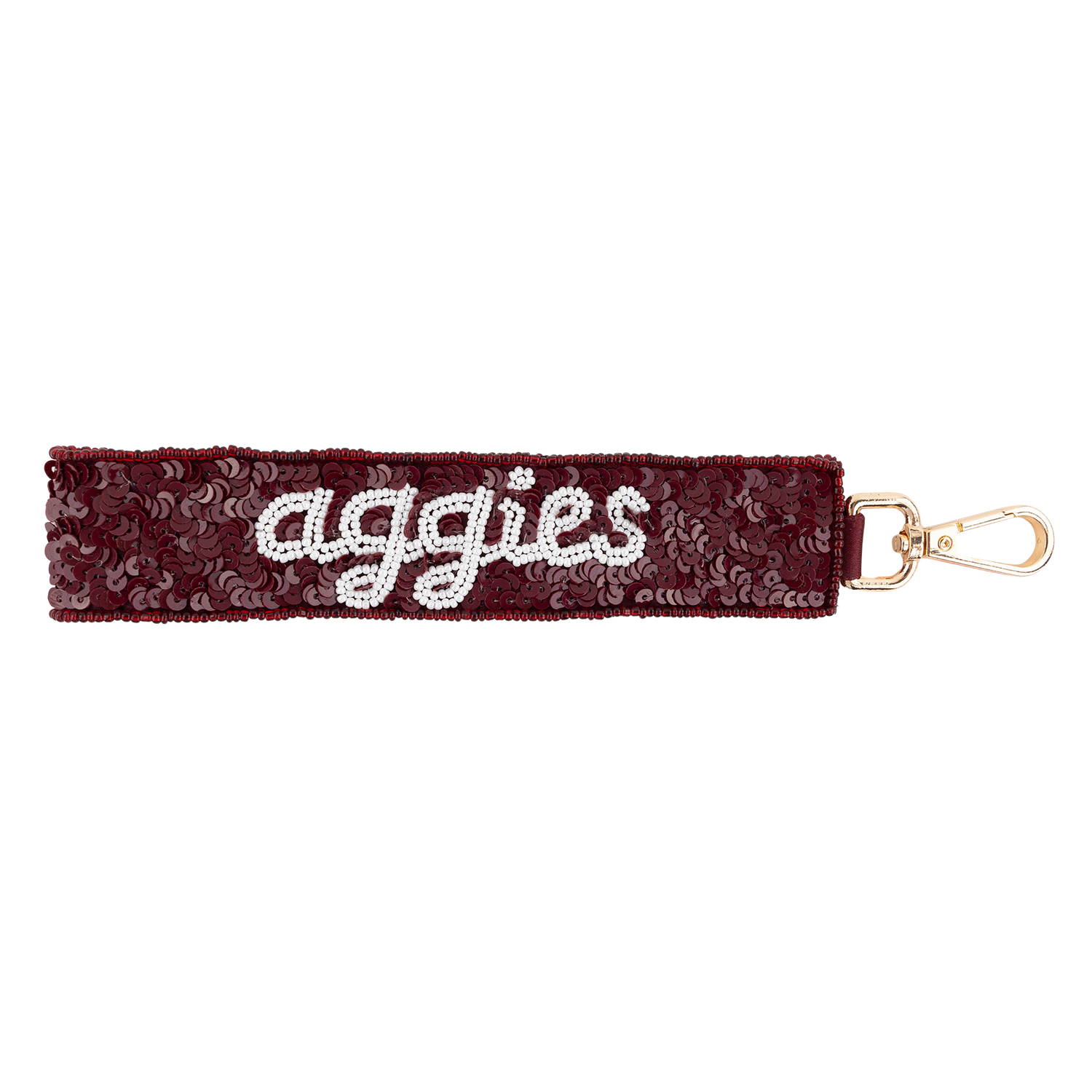 Maroon keychain with 'aggies' text