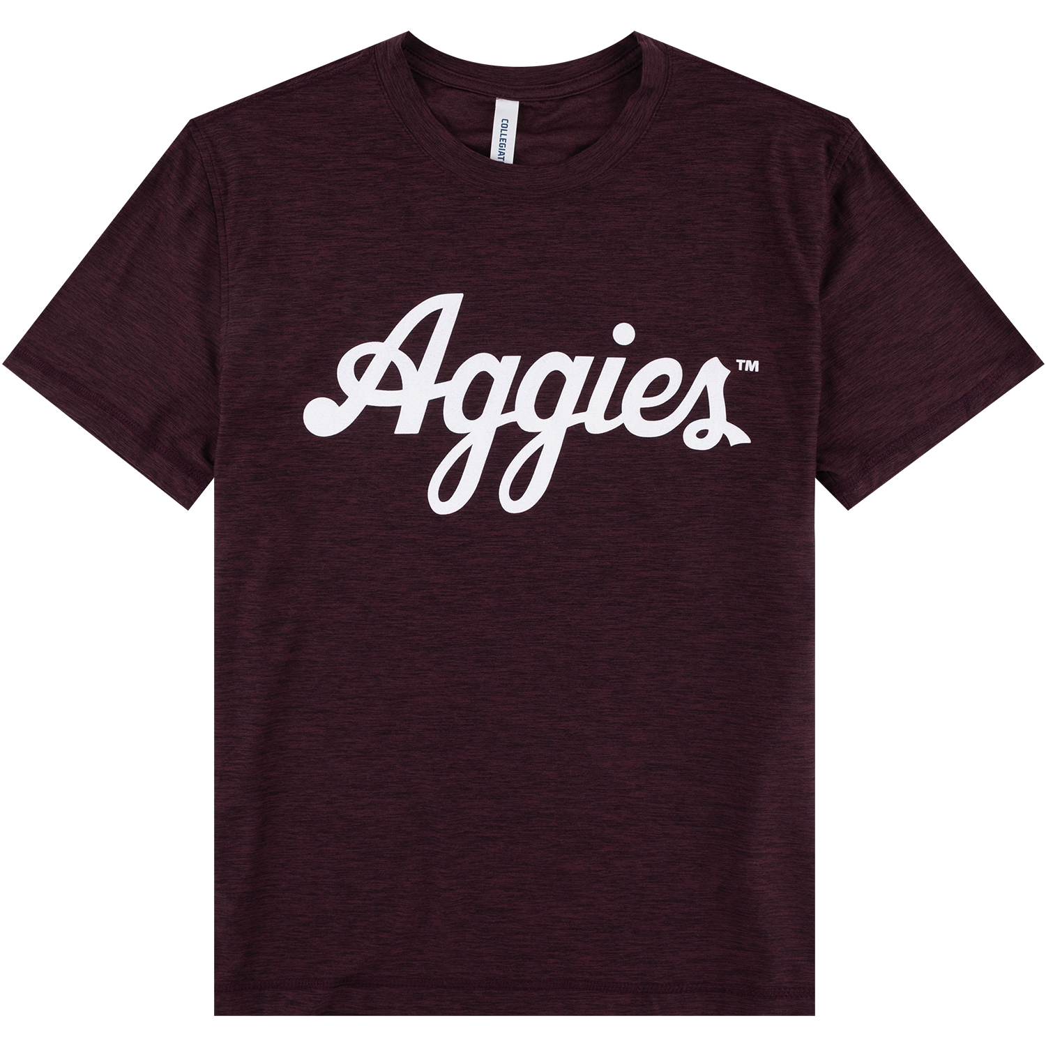 Maroon heathered Texas A&M T-shirt featuring a large white “Aggies” script logo across the chest.