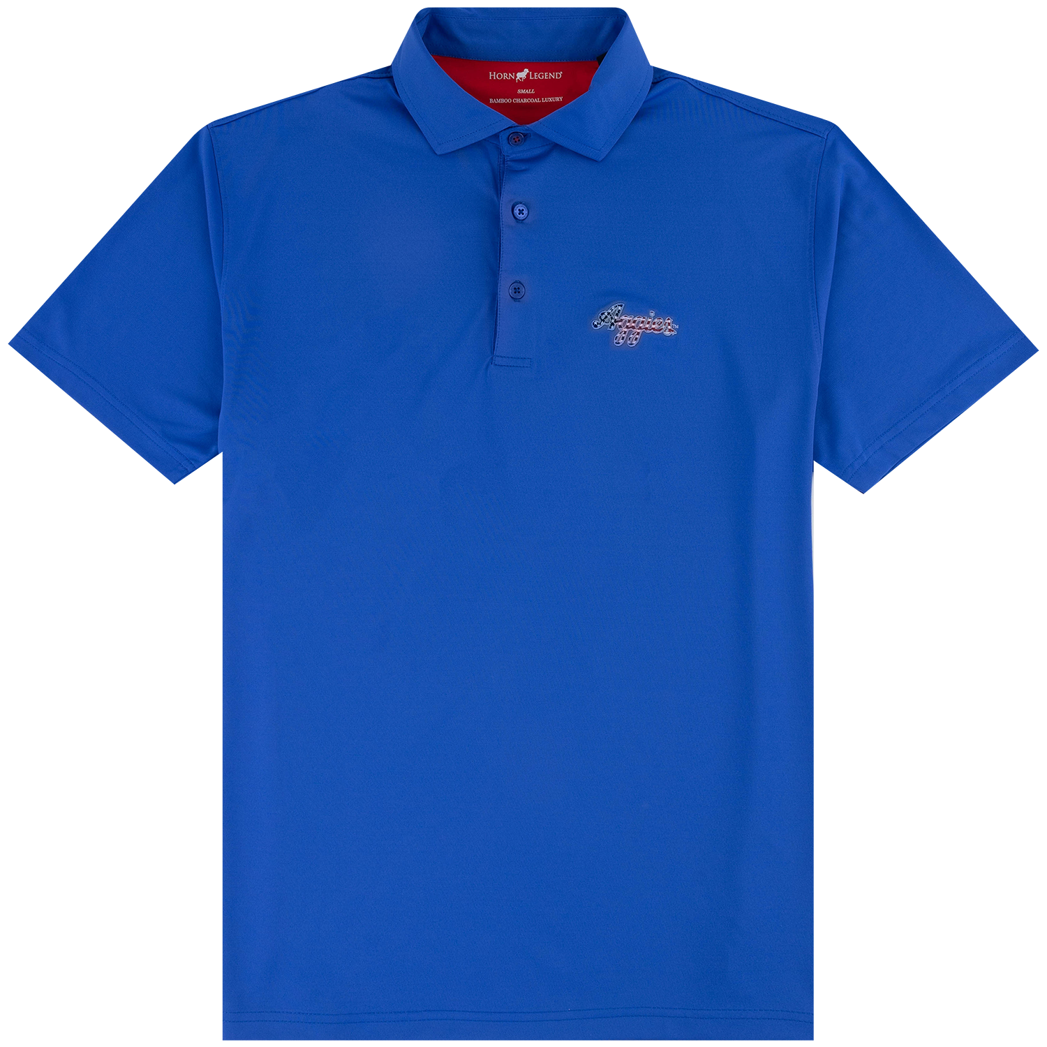 Blue three button polo with embroidered script aggies on left chest with American Flag text fill.