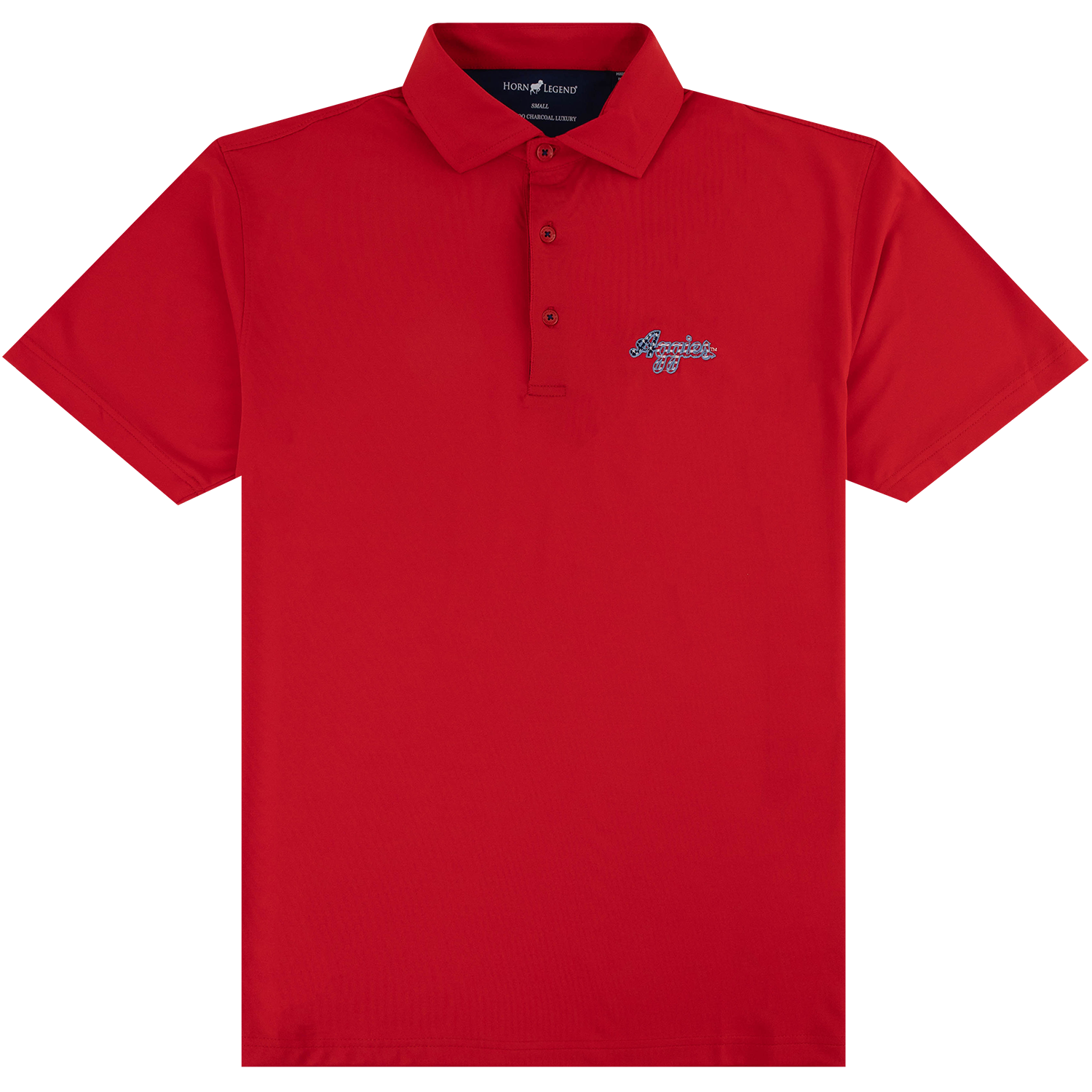 A red short-sleeve polo shirt with a three-button placket and a small embroidered "Aggies" logo on the left chest, displayed on a clean white background.
