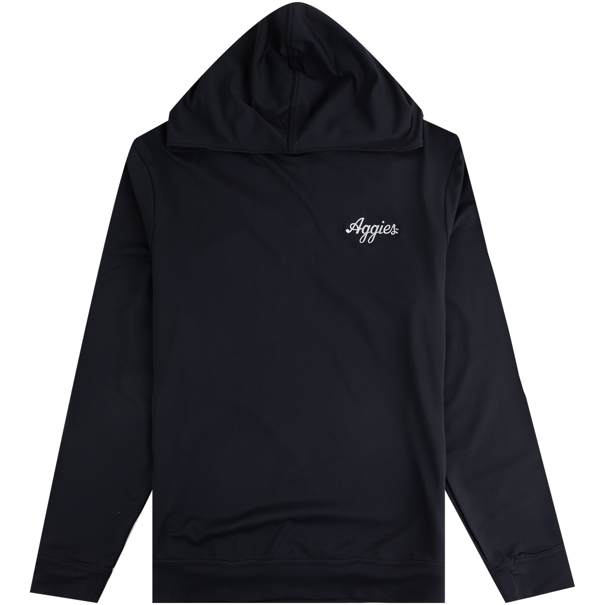 A black pullover hoodie with a small white cursive 'Aggies' logo embroidered on the left chest, shown against a plain white background.