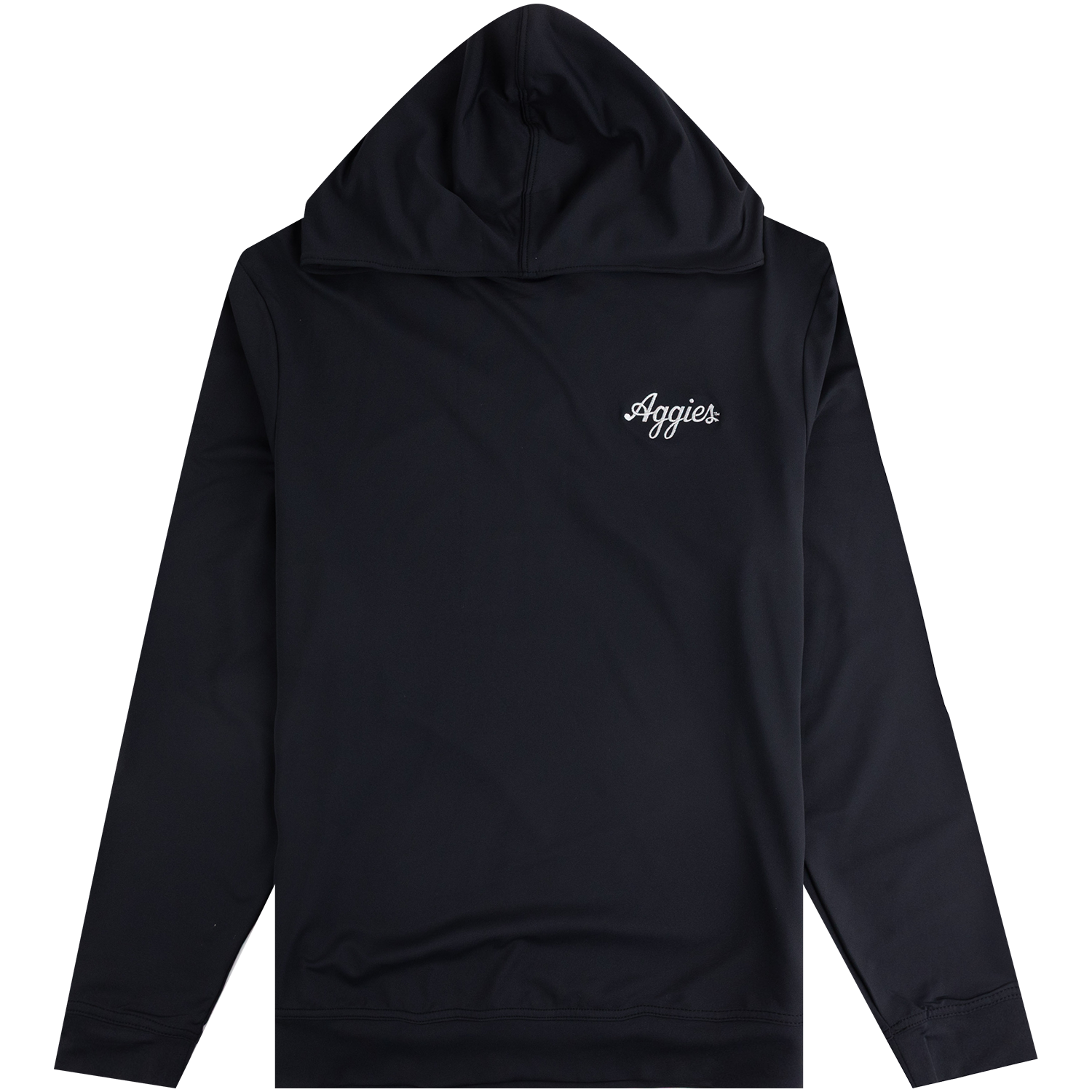 A black pullover hoodie with a small white cursive 'Aggies' logo embroidered on the left chest, shown against a plain white background.