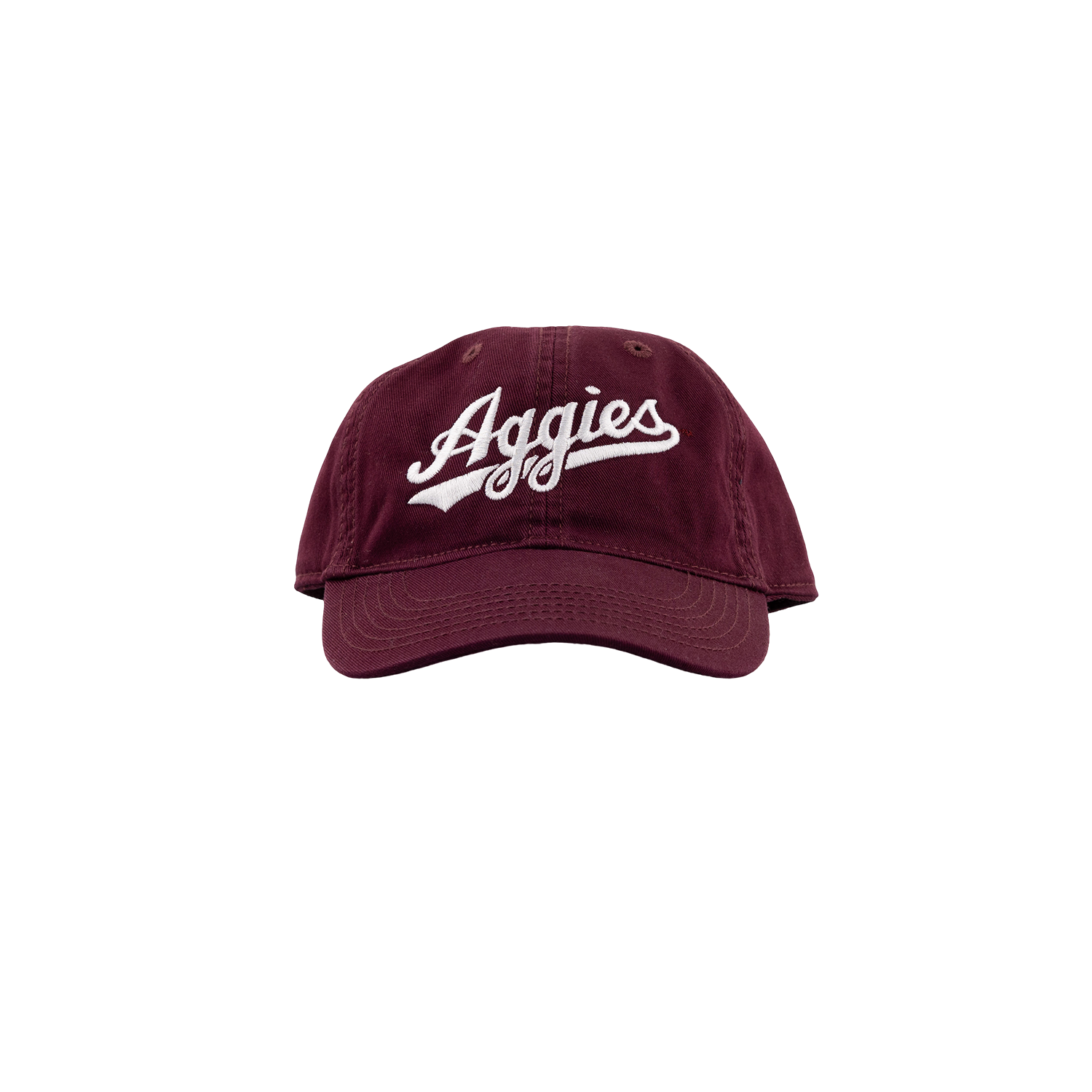 front of maroon hat with white script Aggies text