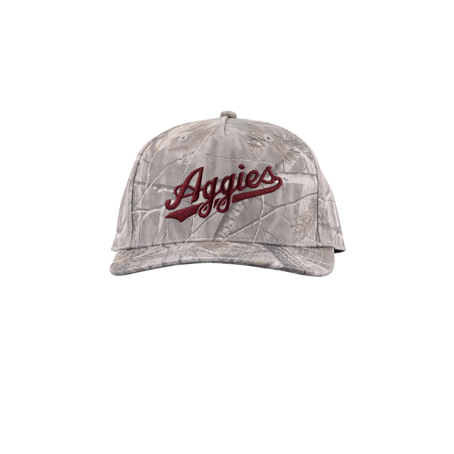 A baseball cap featuring a light gray and white camouflage pattern with the word 'Aggies' embroidered in maroon script across the front.