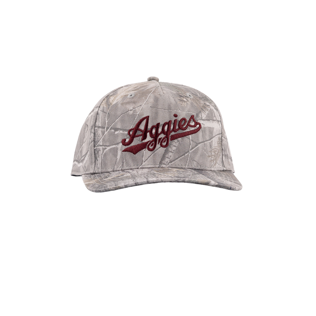Woodlands camo hat with maroon script Aggies text