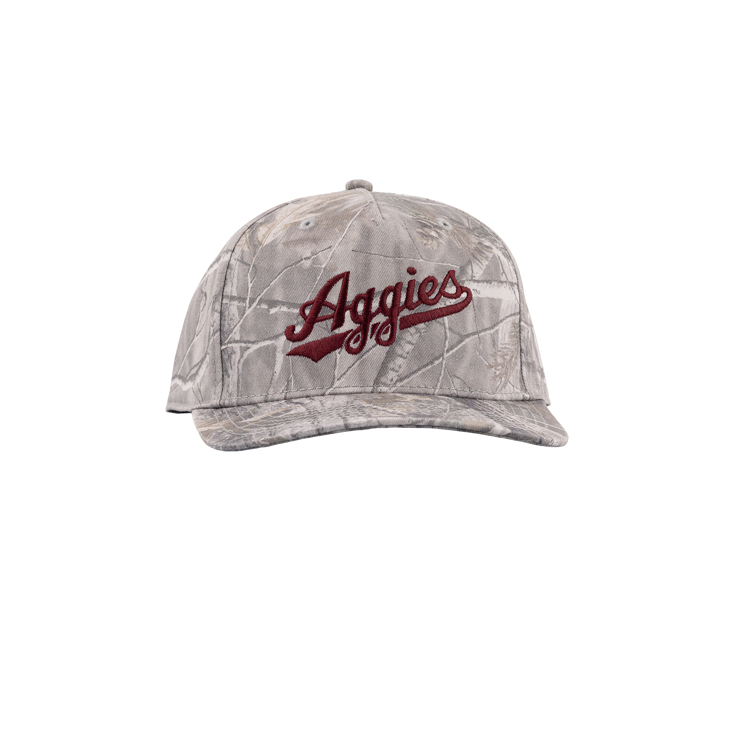 Woodlands camo hat with maroon script Aggies text