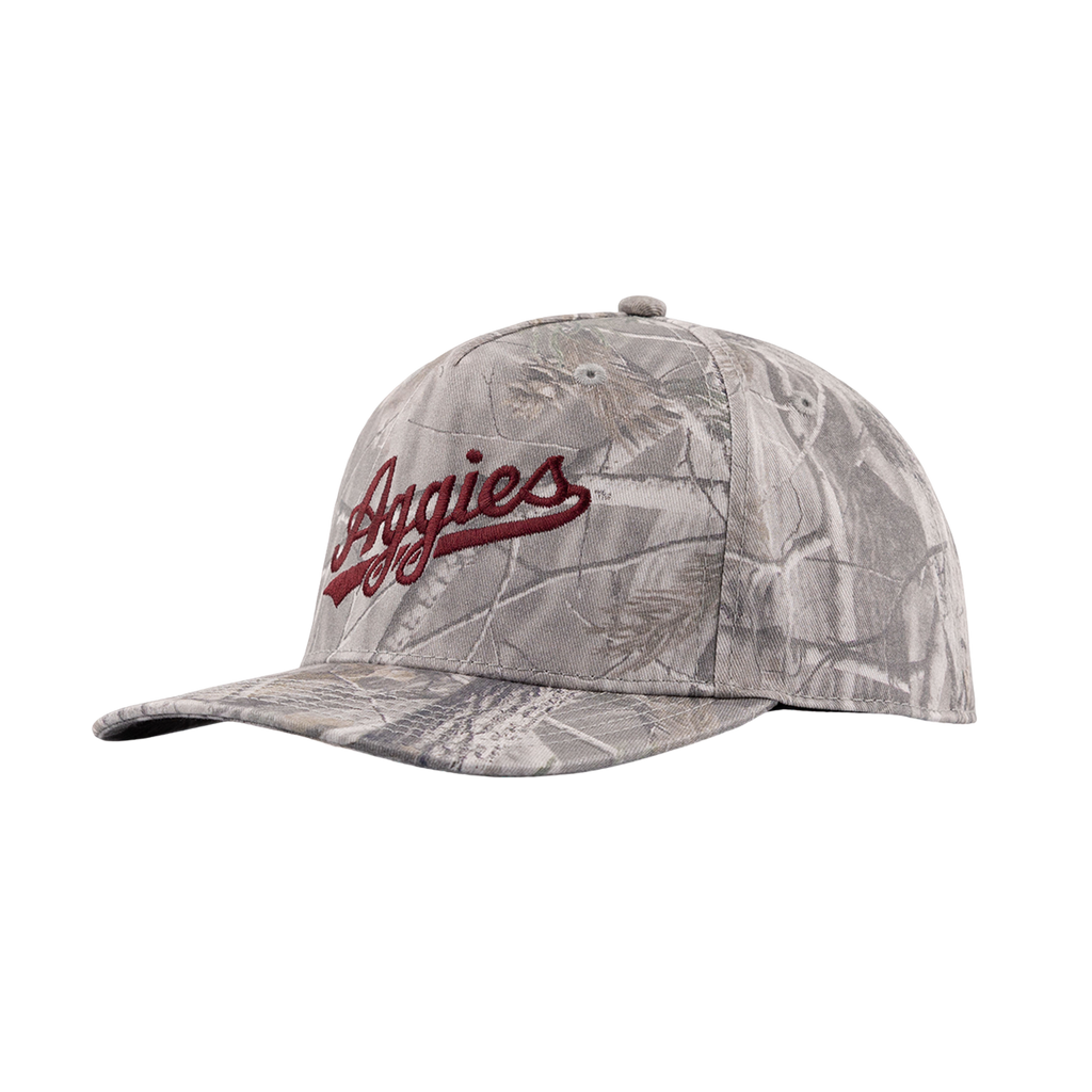Camo baseball cap with script "Aggies" embroidered in maroon on the front. 