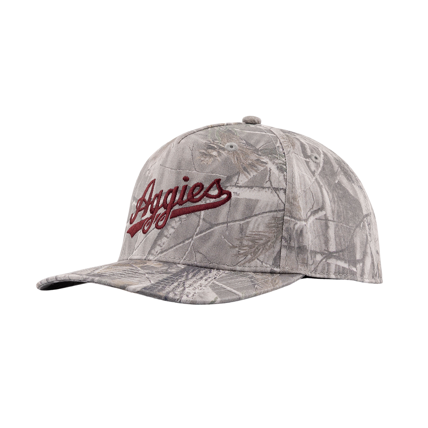 Camo baseball cap with script "Aggies" embroidered in maroon on the front. 
