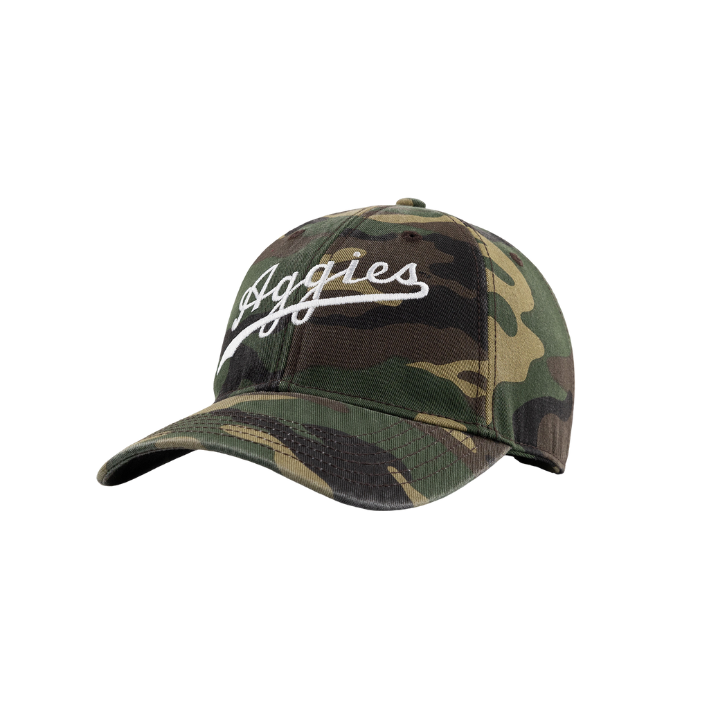 Camo baseball cap with white embroidered Aggies script design on the front. 