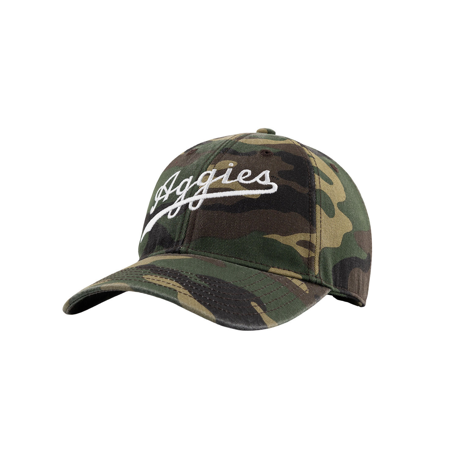 Camo baseball cap with white embroidered Aggies script design on the front. 