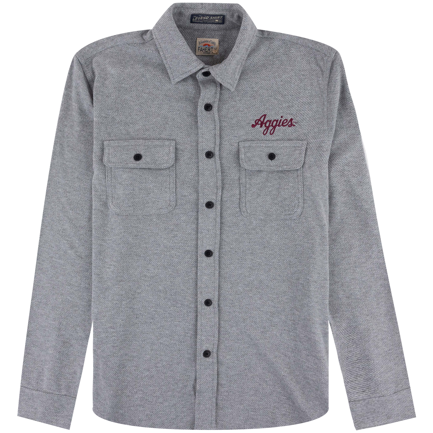 Gray Script Aggies Men's Soft Button Up Shirt featuring maroon “Aggies” script embroidery on the chest, a pointed collar, full-length sleeves, a black button-front closure, and two button-flap chest pockets.