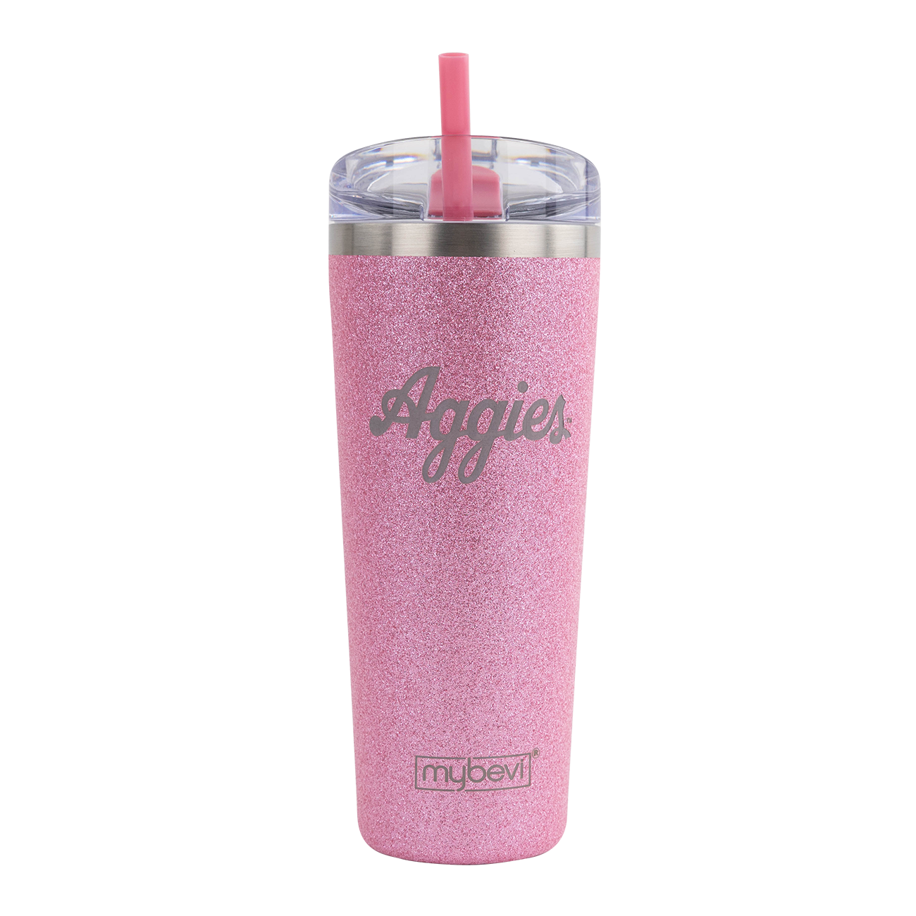 Pink Sparkle Tumbler with Silver Script Aggies Text