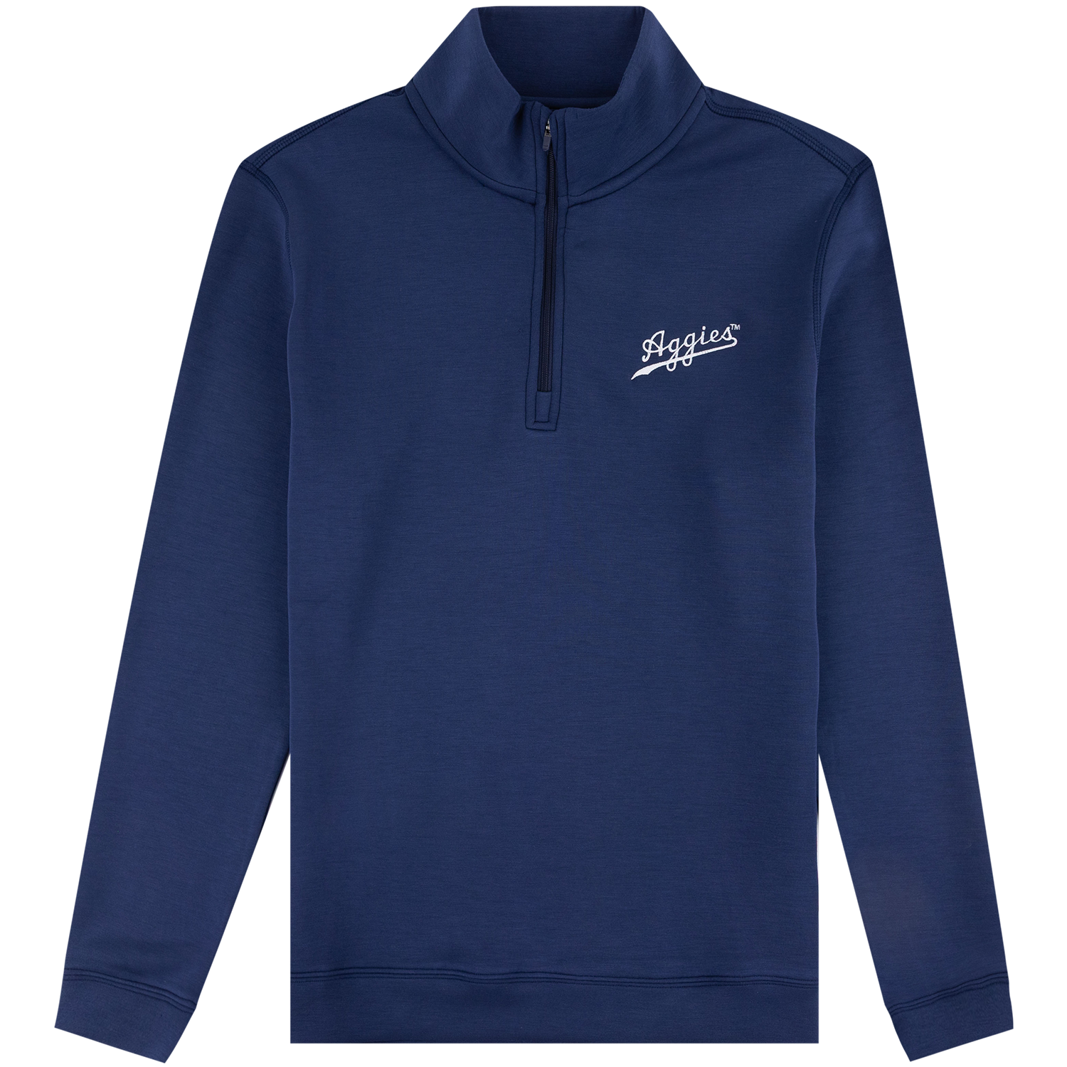 A navy blue quarter-zip pullover sweatshirt with a mock neck collar and a white embroidered script logo on the left chest that reads 'Aggies'.