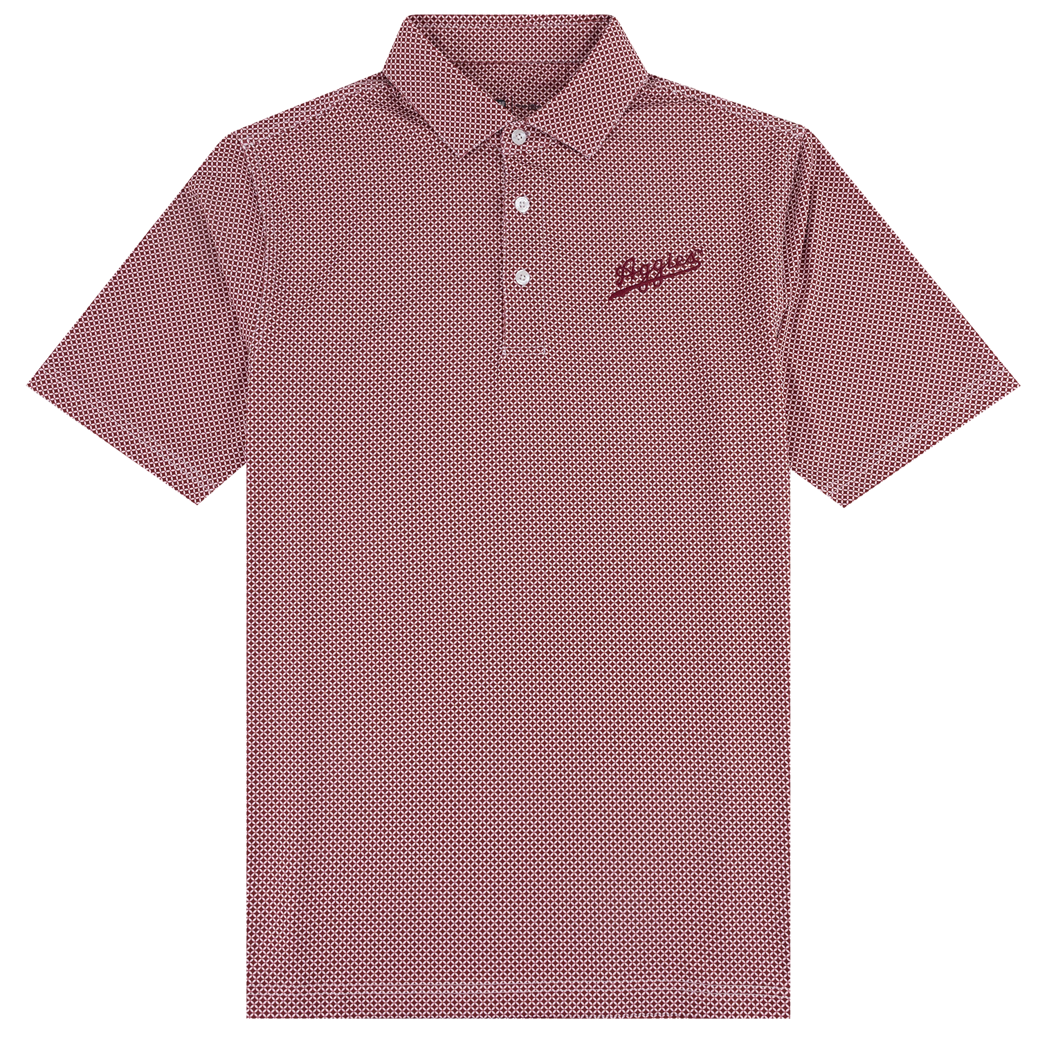 A short-sleeve polo shirt with a fine micro-pattern of small red and white dots, featuring a three-button placket and a cursive 'Aggies' logo embroidered on the left chest.