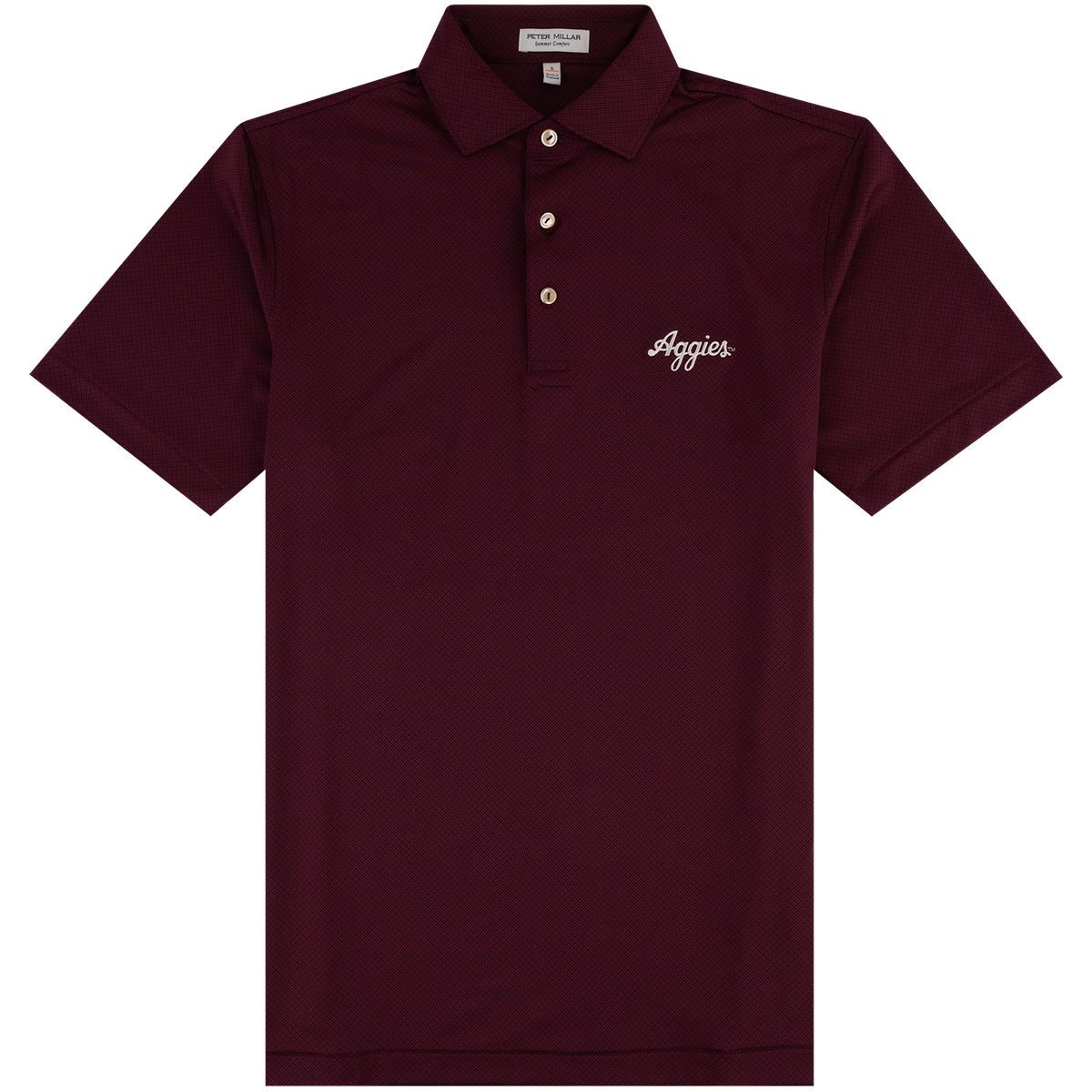 A short-sleeve polo shirt in deep burgundy with a three-button placket and white script embroidery reading 'Aggies' on the left chest, displayed on a clean white background.
