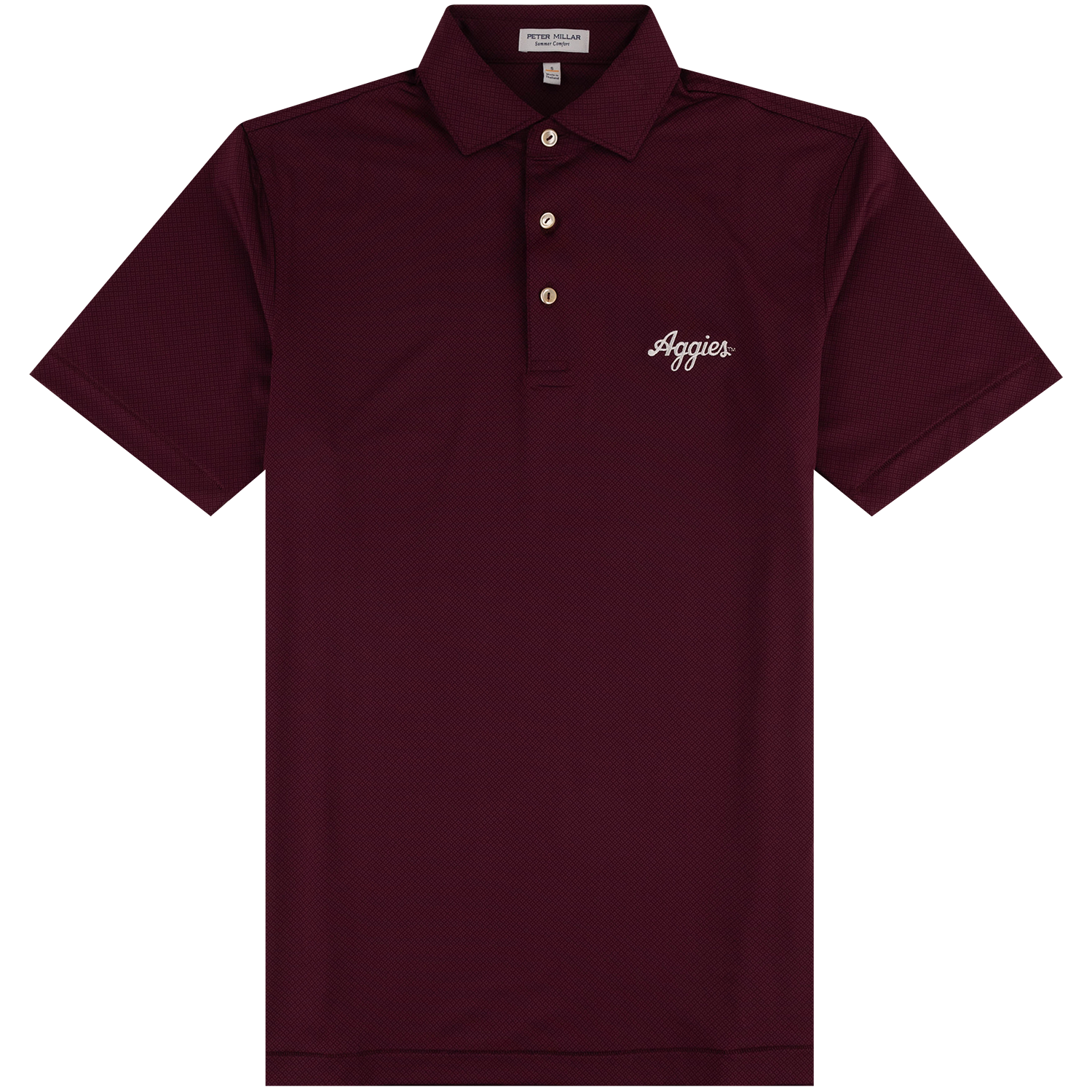 A short-sleeve polo shirt in deep burgundy with a three-button placket and white script embroidery reading 'Aggies' on the left chest, displayed on a clean white background.