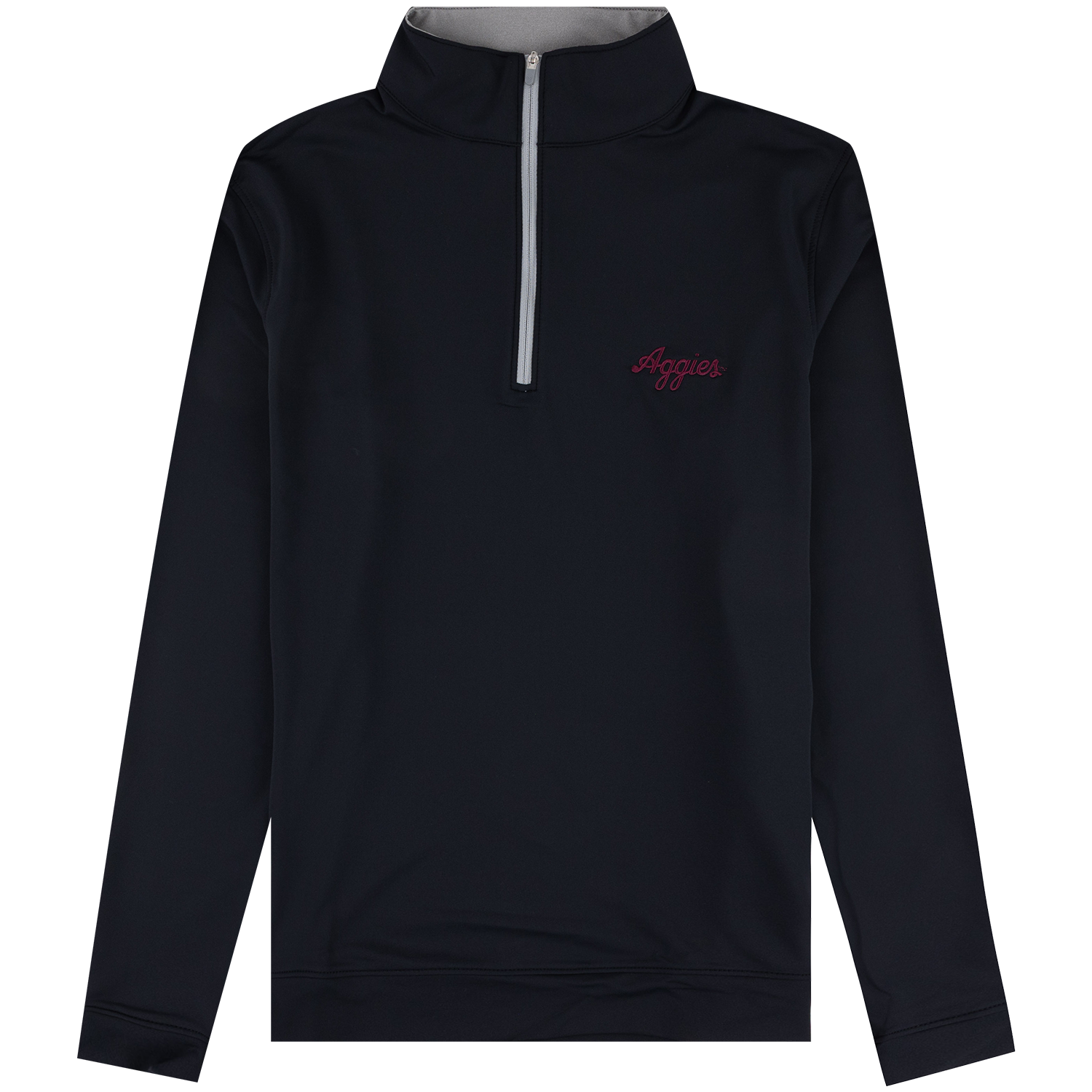 Black Texas A&M long-sleeve quarter-zip pullover featuring a stand-up collar, silver zipper, and maroon embroidered “Aggies” script on the chest.