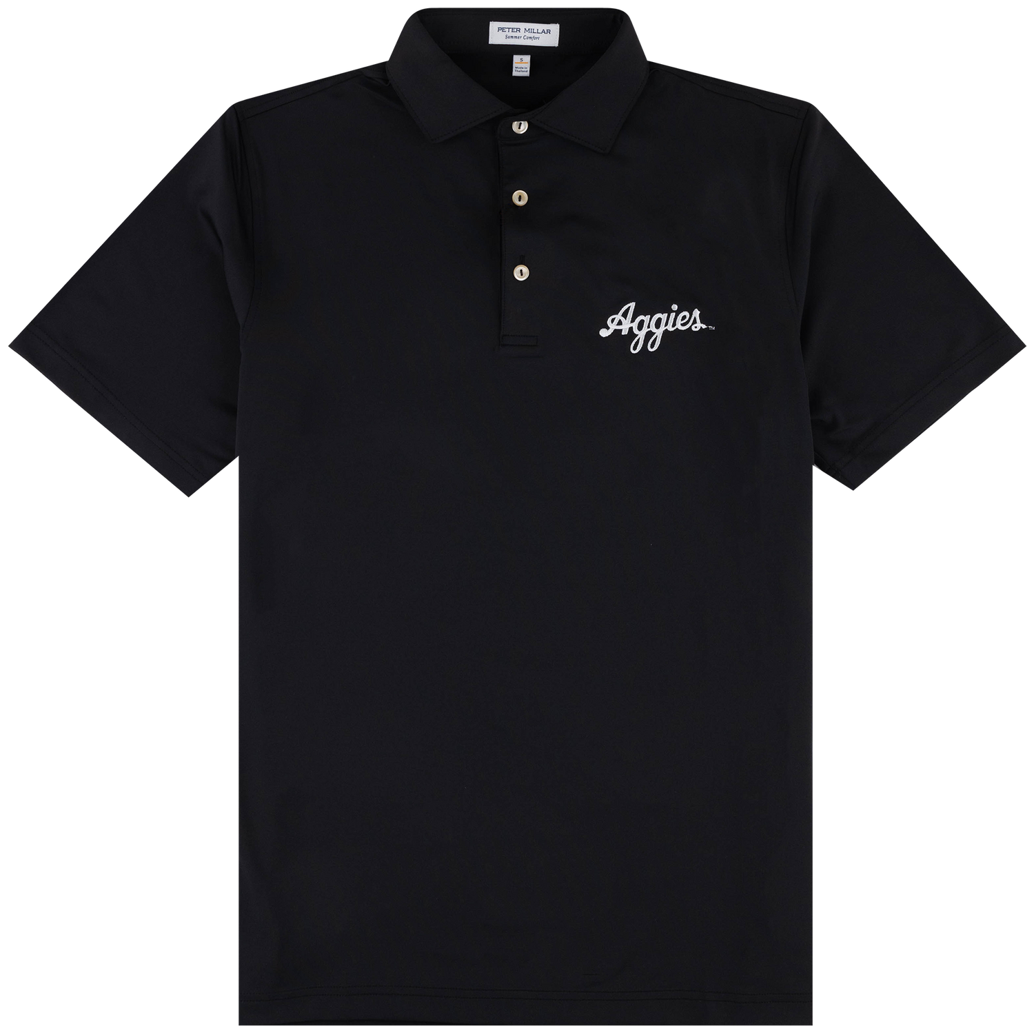 Black Script Aggies Peter Millar Performance Jersey Polo featuring a classic collar, three-button placket, short sleeves, and white “Aggies” script embroidery on the left chest.