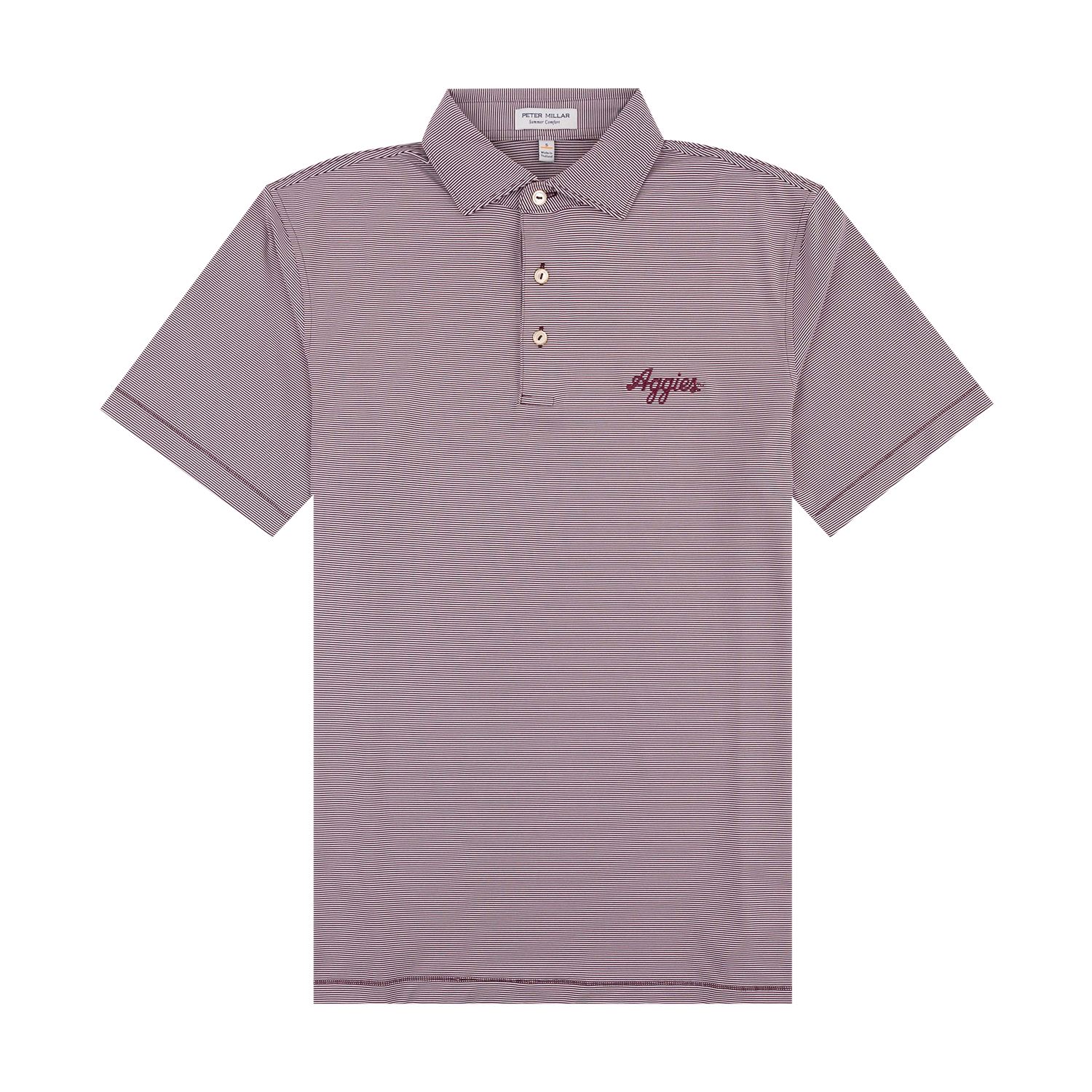 Maroon and White Striped Polo with Maroon Script Aggies text on chest