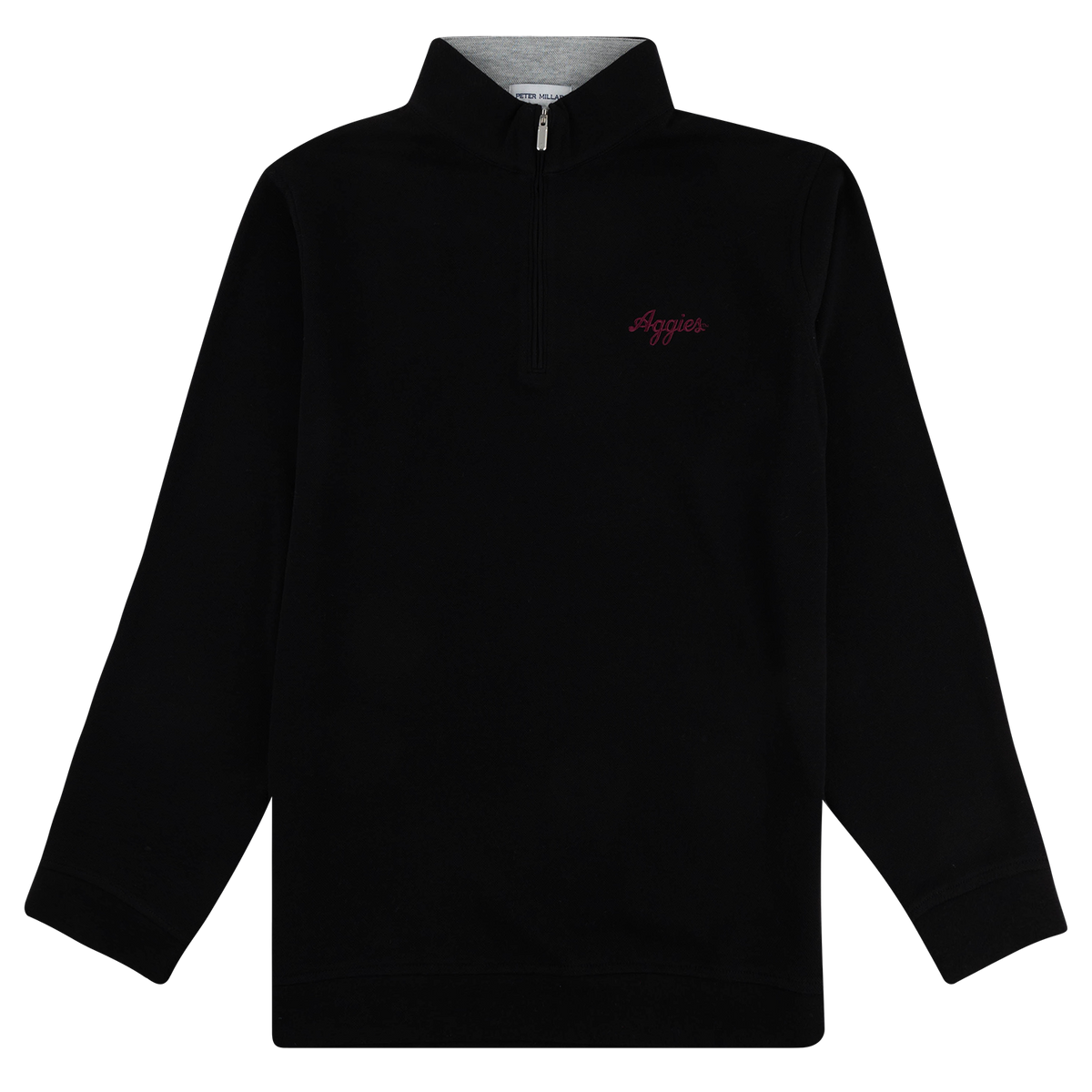 Black Peter Millar quarter-zip pullover featuring a maroon “Aggies” script logo on the chest and a stand collar.