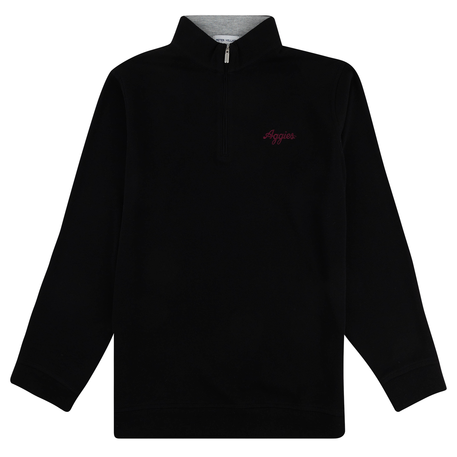 Black Peter Millar quarter-zip pullover featuring a maroon “Aggies” script logo on the chest and a stand collar.
