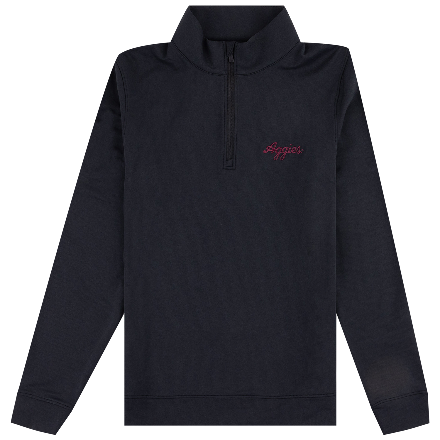 A black long-sleeve quarter-zip pullover sweatshirt with 'Aggies' embroidered in maroon script on the left chest, displayed on a clean white background.