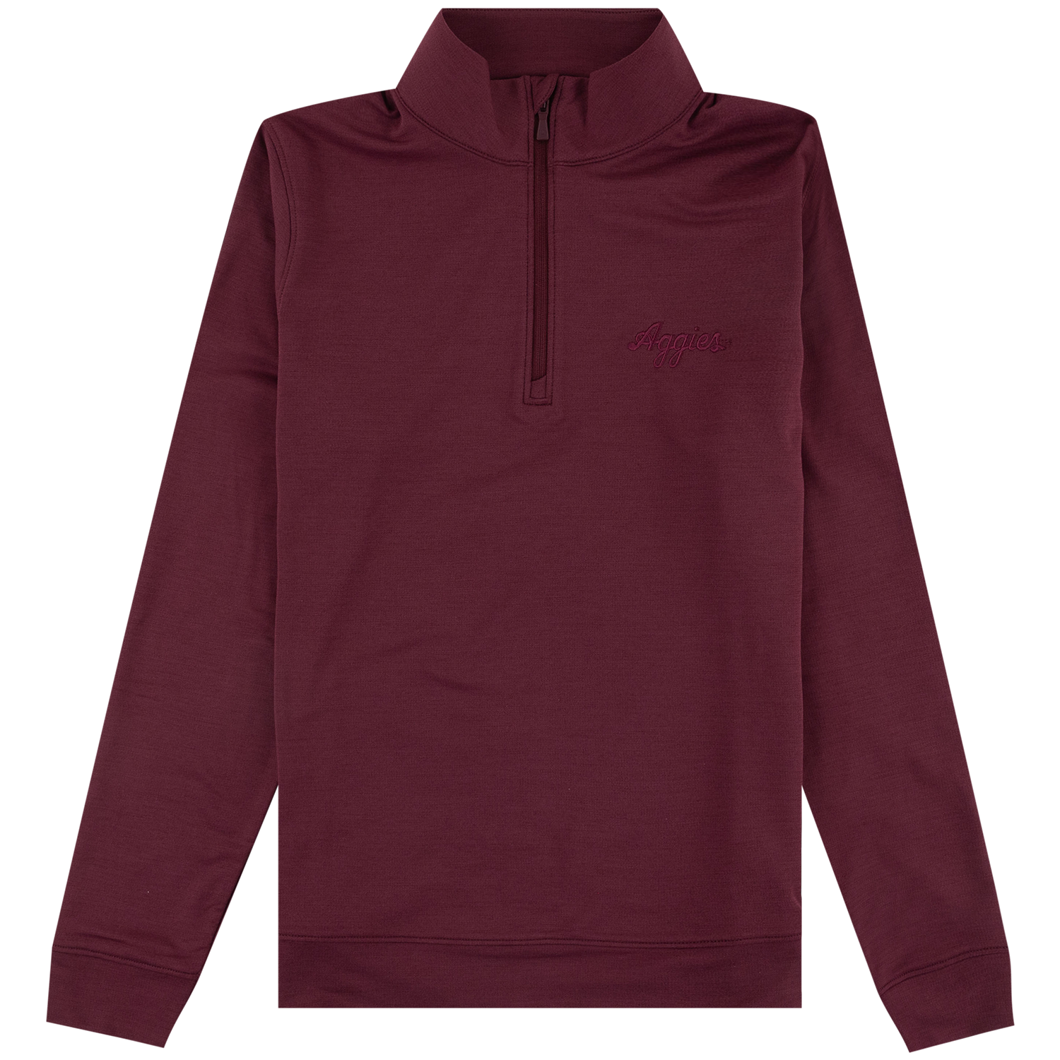 Women's maroon performance quarter zip pullover with script Aggies text embroidery in maroon on left chest. 