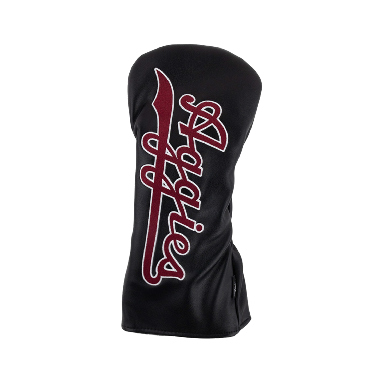 A black golf club headcover featuring vertically aligned maroon script text that reads "Aggies" with a white outline.   