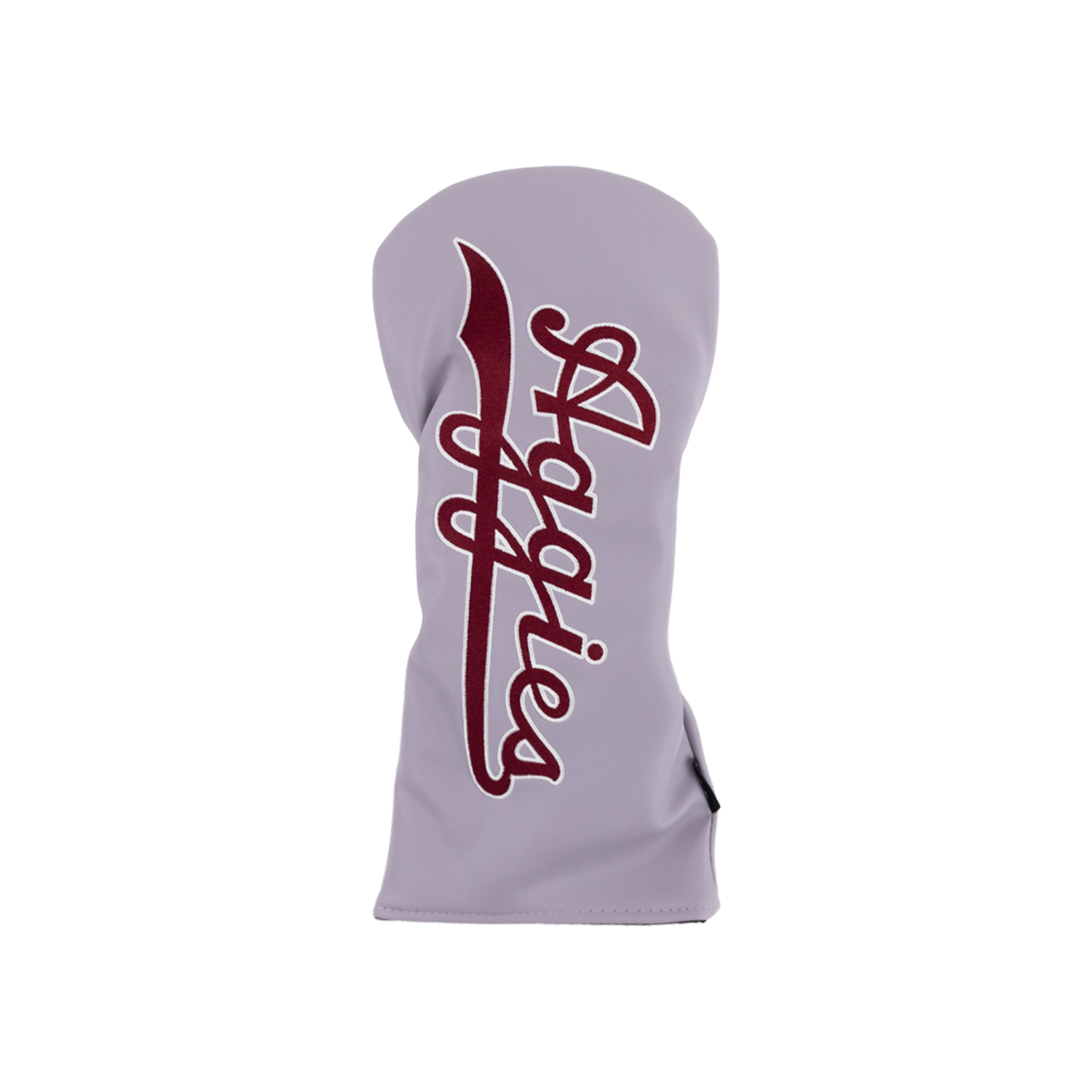 A light gray golf club headcover featuring vertically aligned maroon script text that reads "Aggies" with a white outline.   