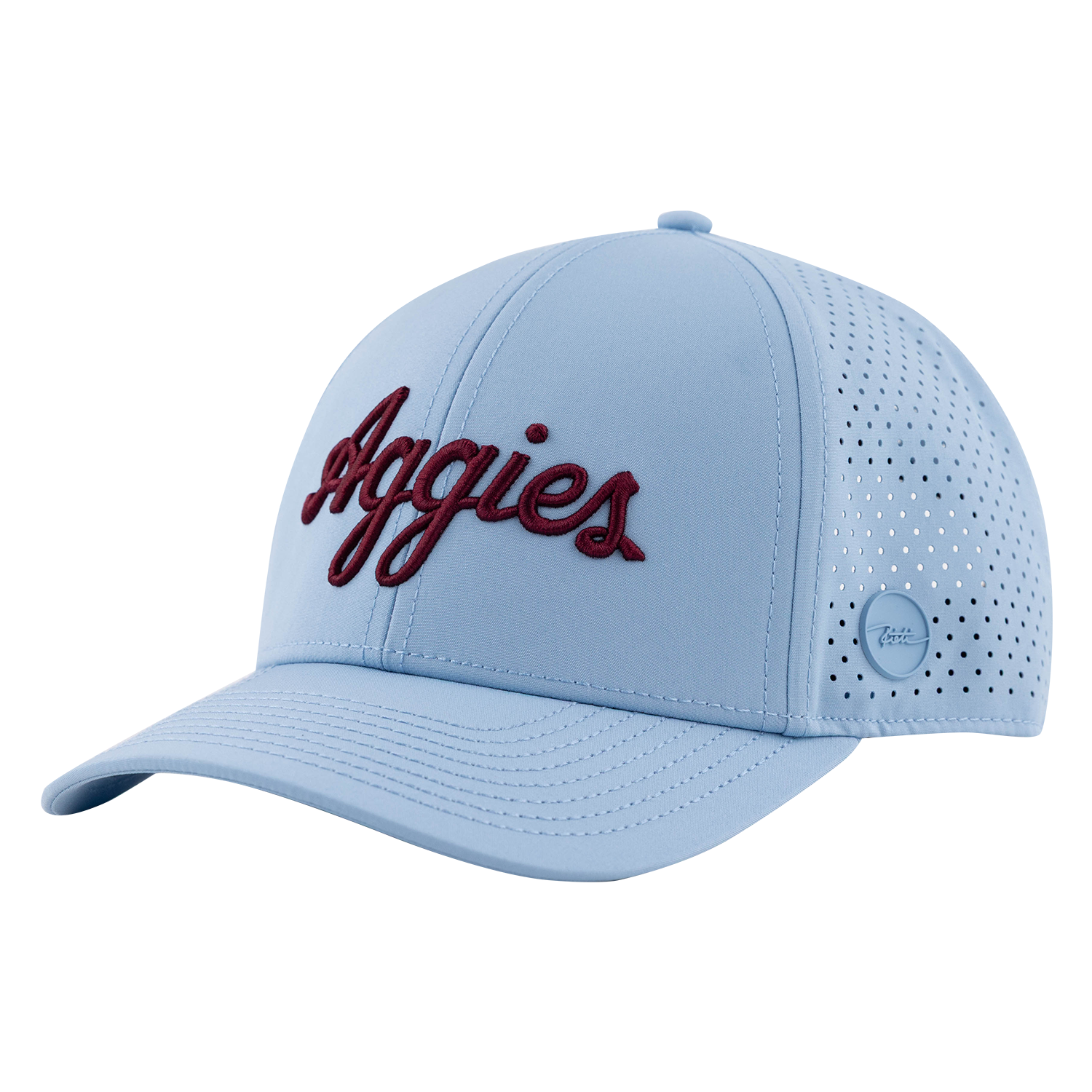 Light blue Texas A&M cap with maroon embroidered script “Aggies” lettering on the front, perforated side panels, and a curved brim.