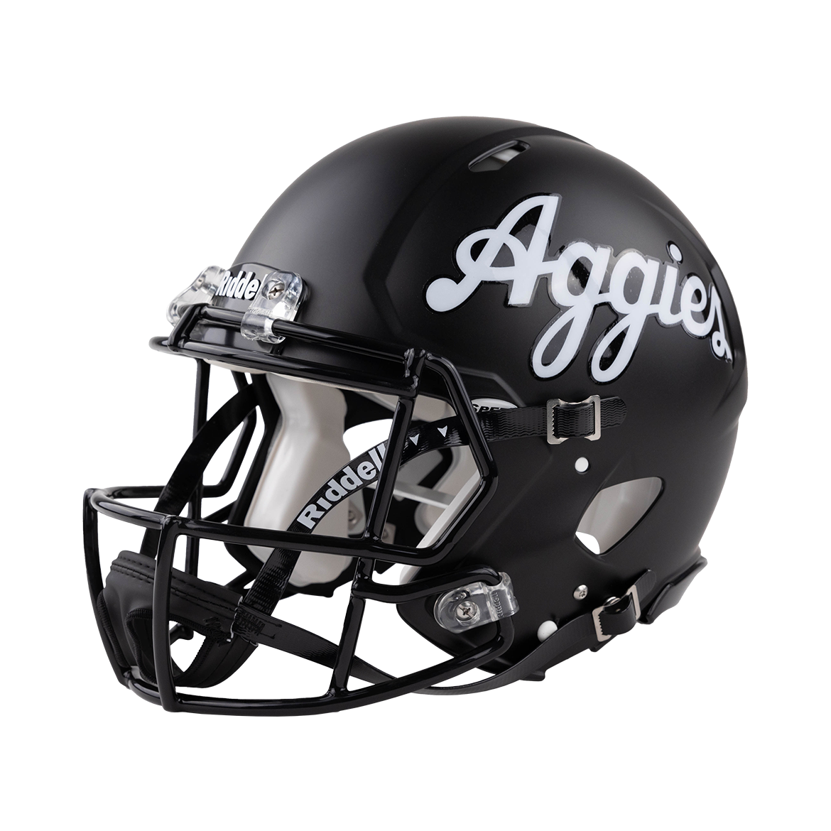 Authentic black football helmet with "Aggies" in white script