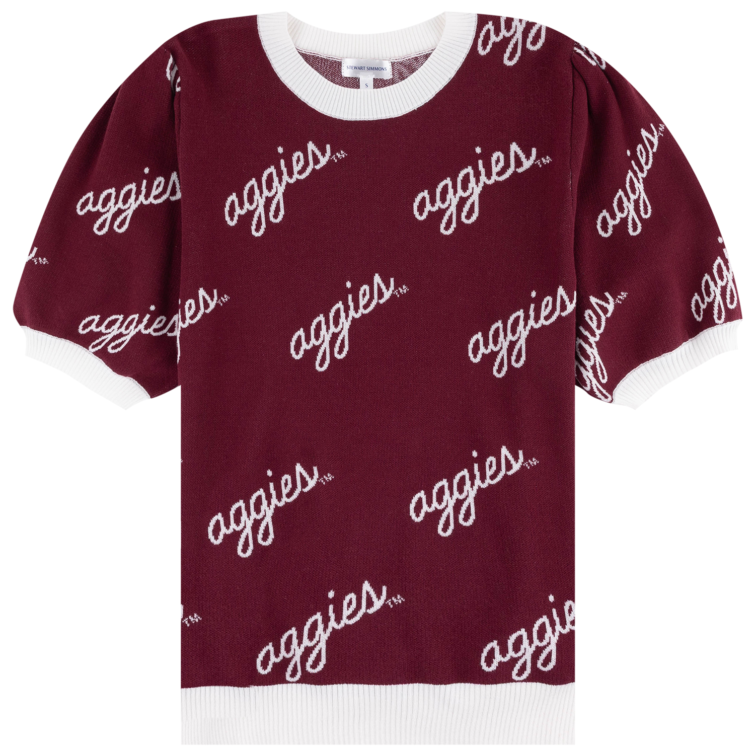 A short-sleeve knit sweater in burgundy with an all-over white 'aggies' script logo pattern and white ribbed trim at the crew neck, cuffs, and hem.