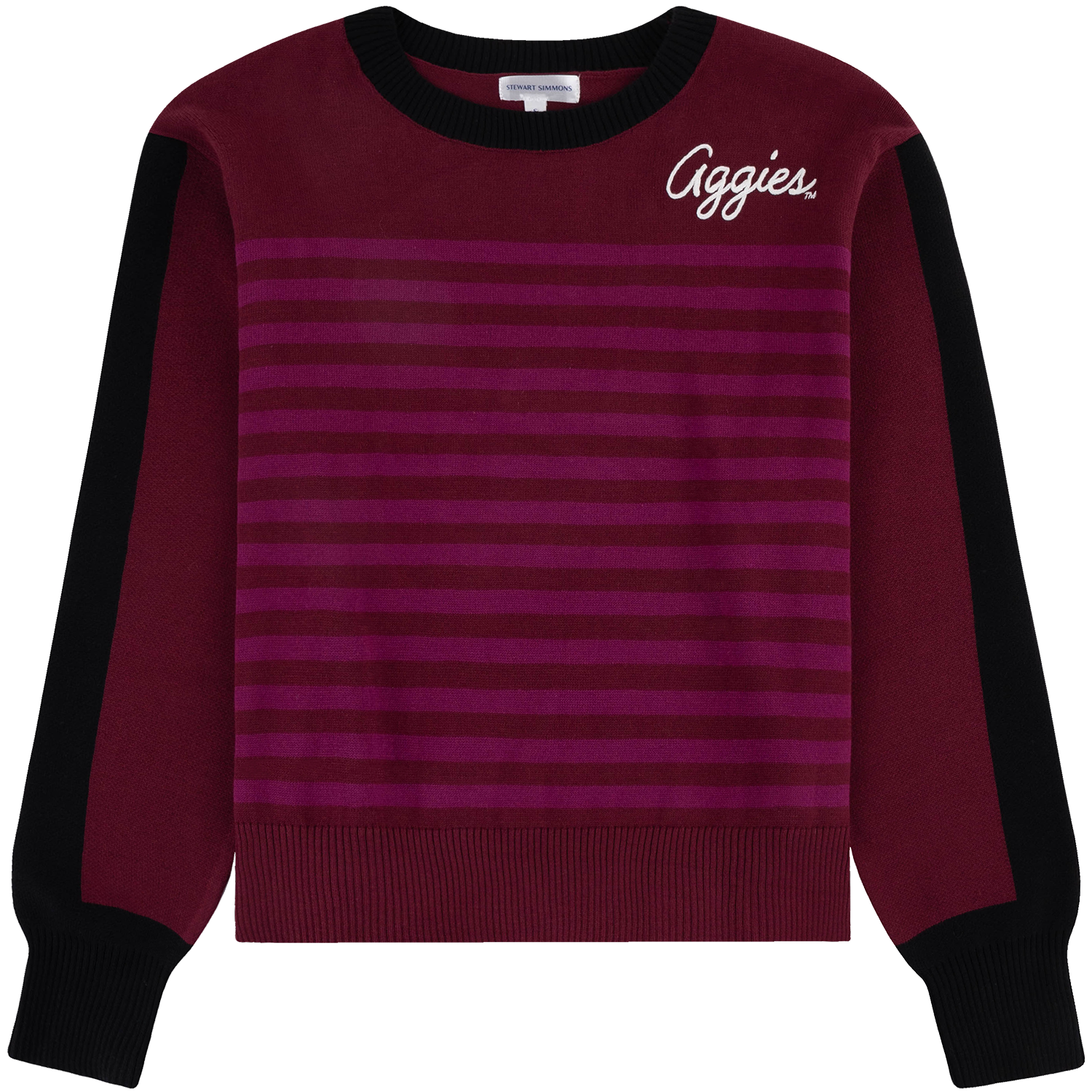 A crewneck Aggies sweater featuring a burgundy body with horizontal magenta stripes across the chest, solid black sleeves, and a white script logo on the left chest.