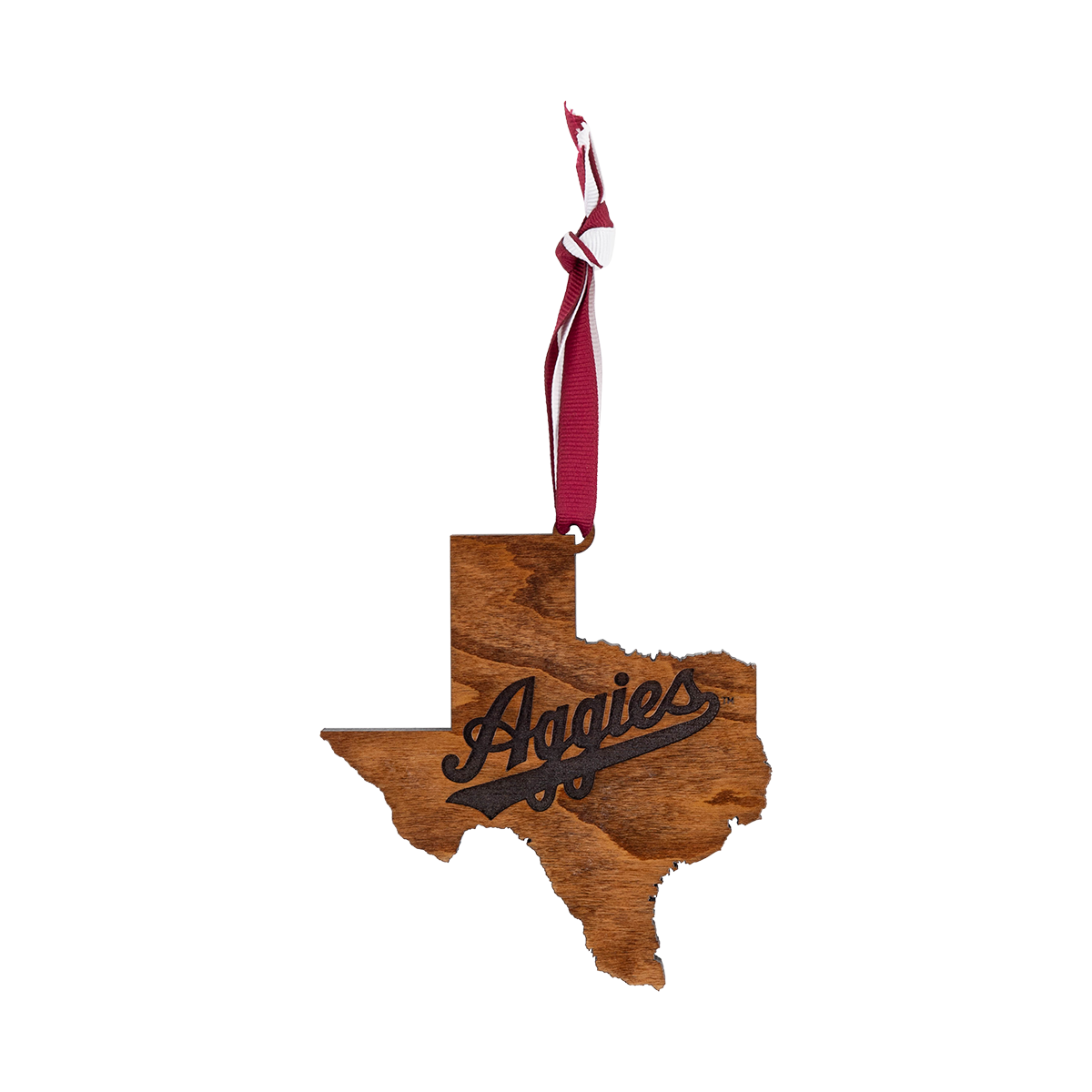 Texas Shaped Wooden Ornament with Script Aggies Logo