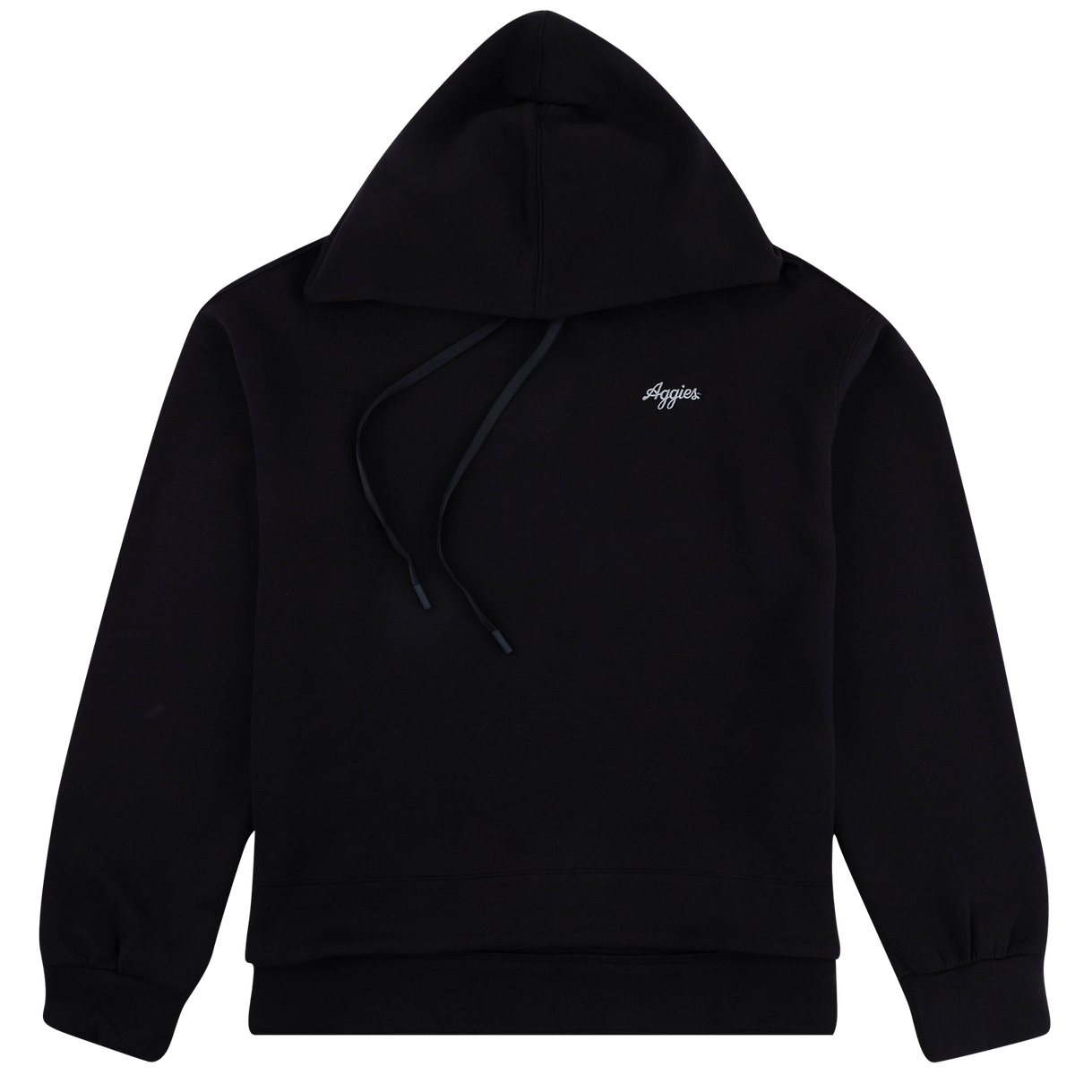 Women's black pullover hoodie with drawstrings, ribbed cuffs and waistband, and a small white “Aggies” logo on the chest.