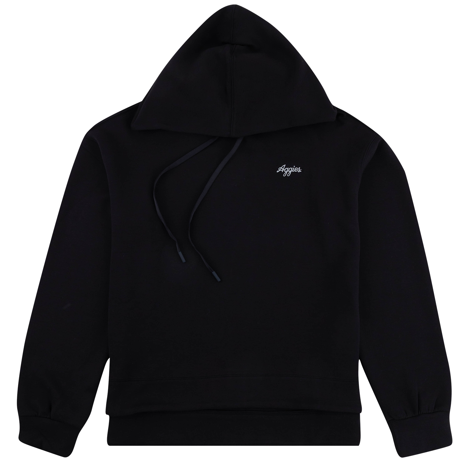 Women's black pullover hoodie with drawstrings, ribbed cuffs and waistband, and a small white “Aggies” logo on the chest.