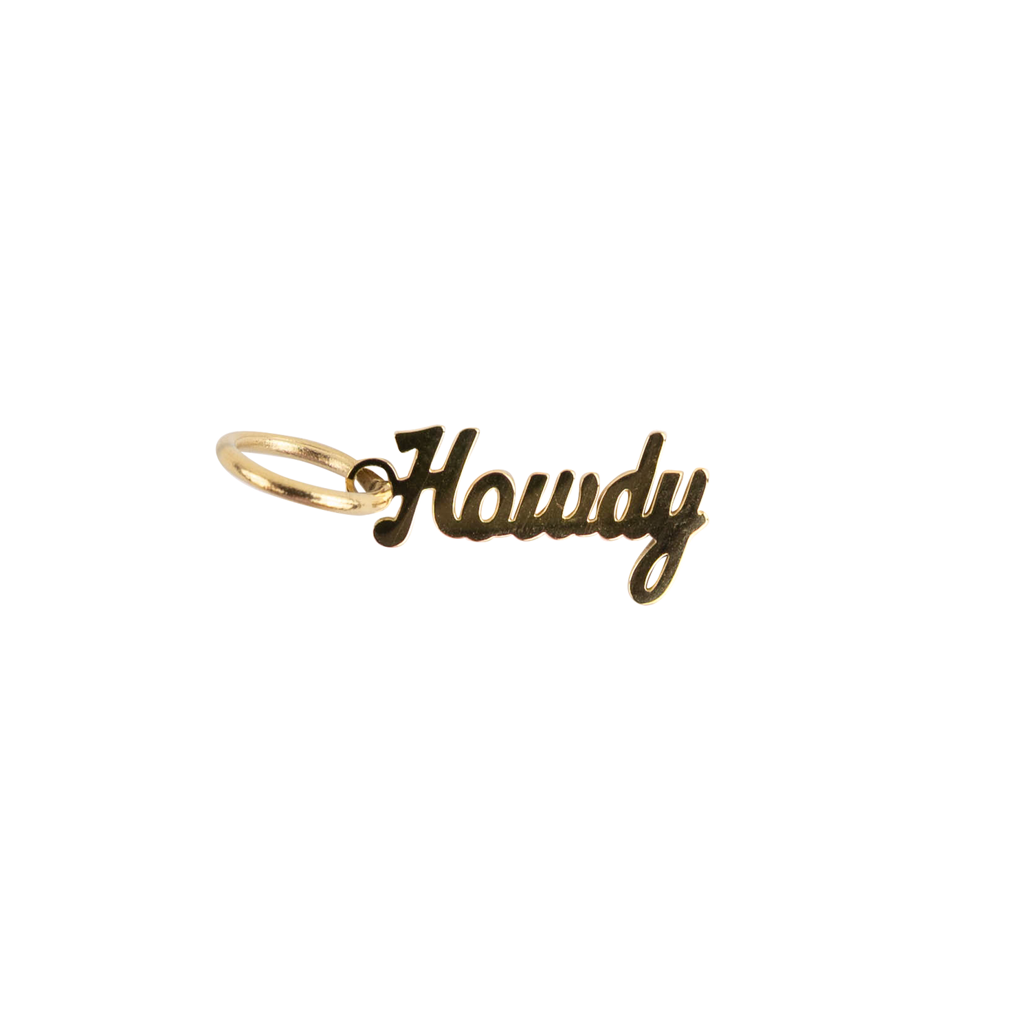 A gold script nameplate charm spelling 'Howdy' with a small split ring, shown on a plain white background.