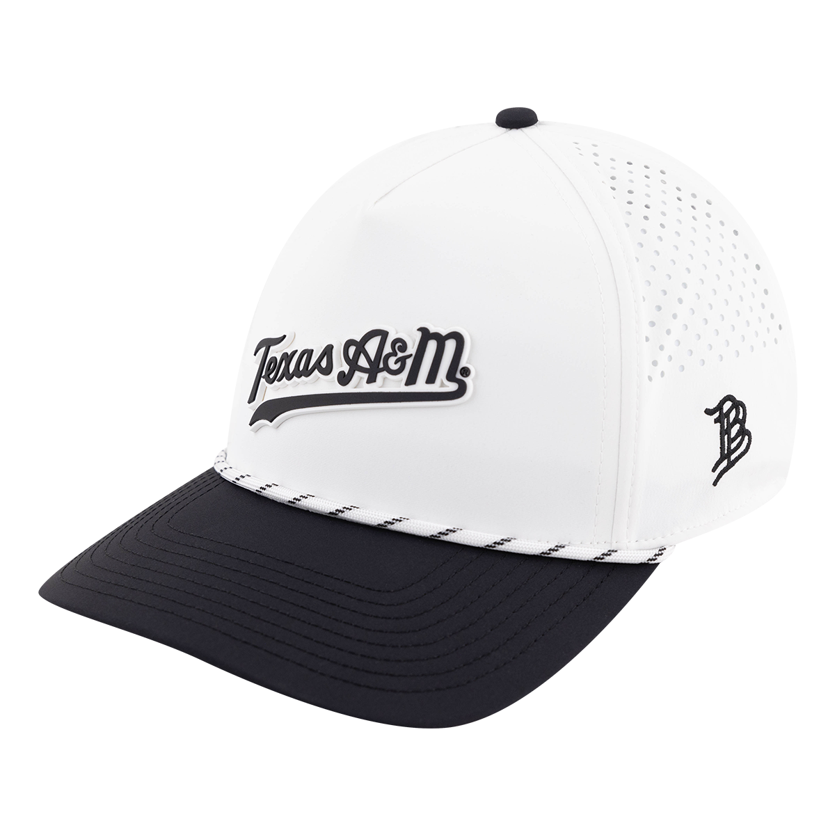 White Rope Hat with Black Bill and Black Script Texas A&M