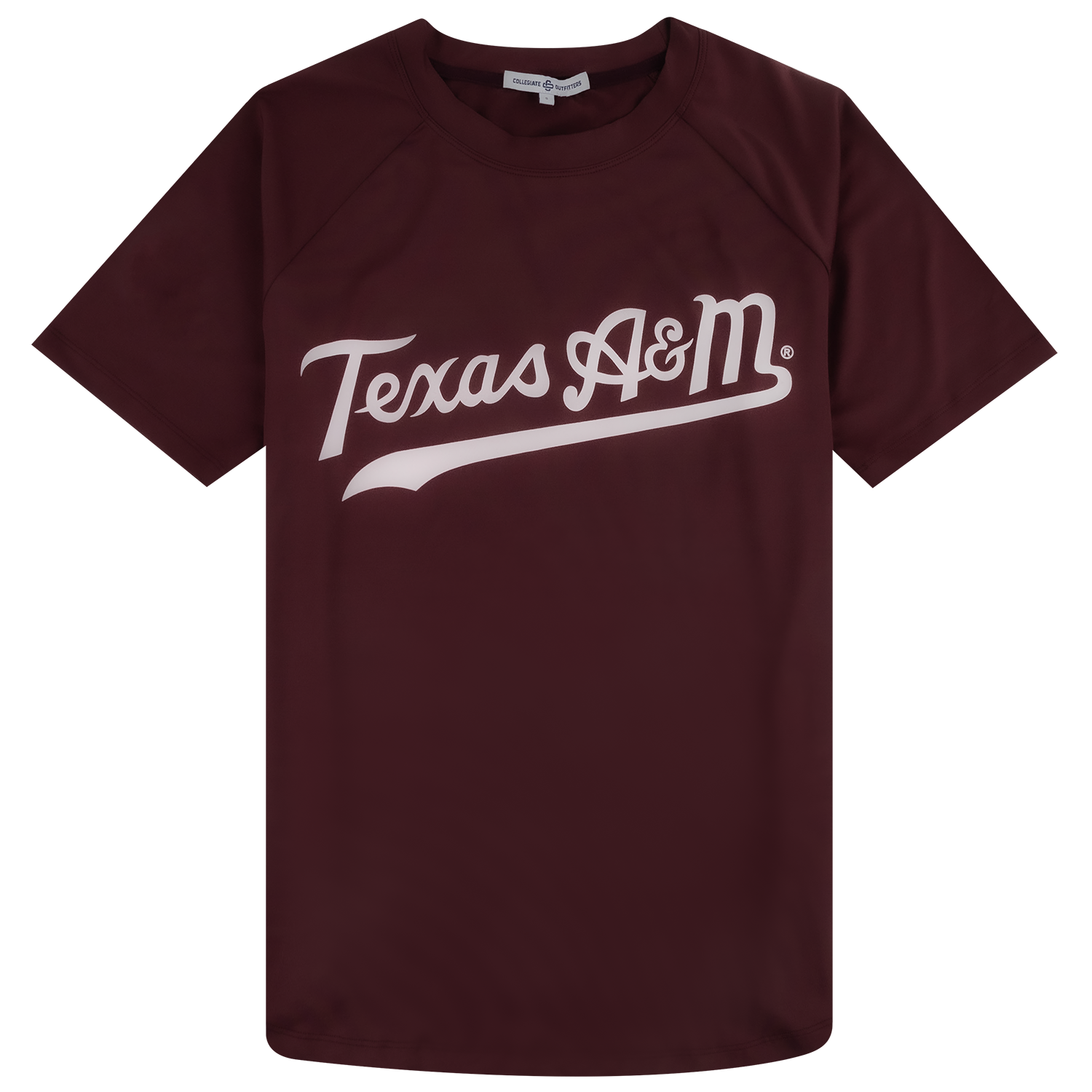A maroon short-sleeve t-shirt featuring 'Texas A&M' printed in washed maroon script across the chest, displayed on a clean white background.