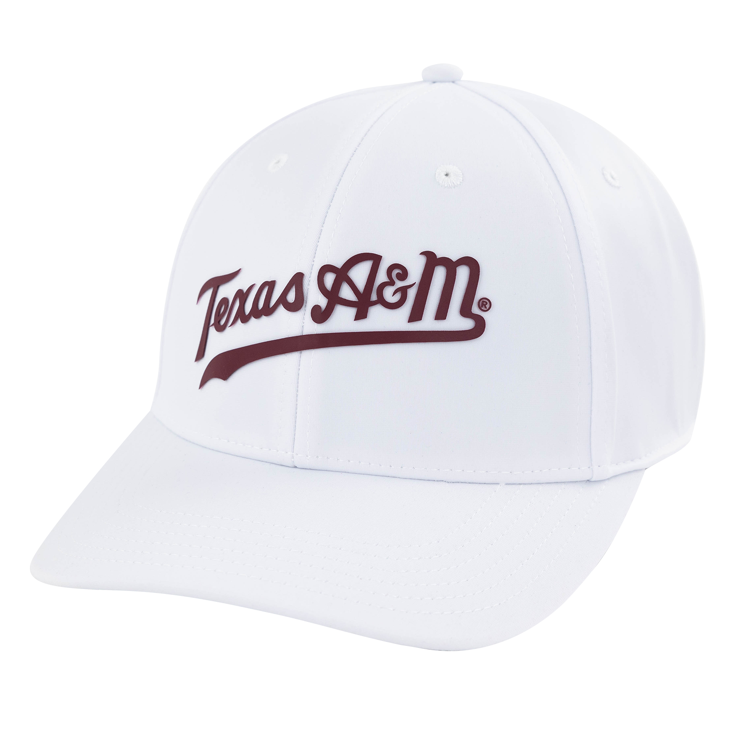 White hat with Maroon script lettering