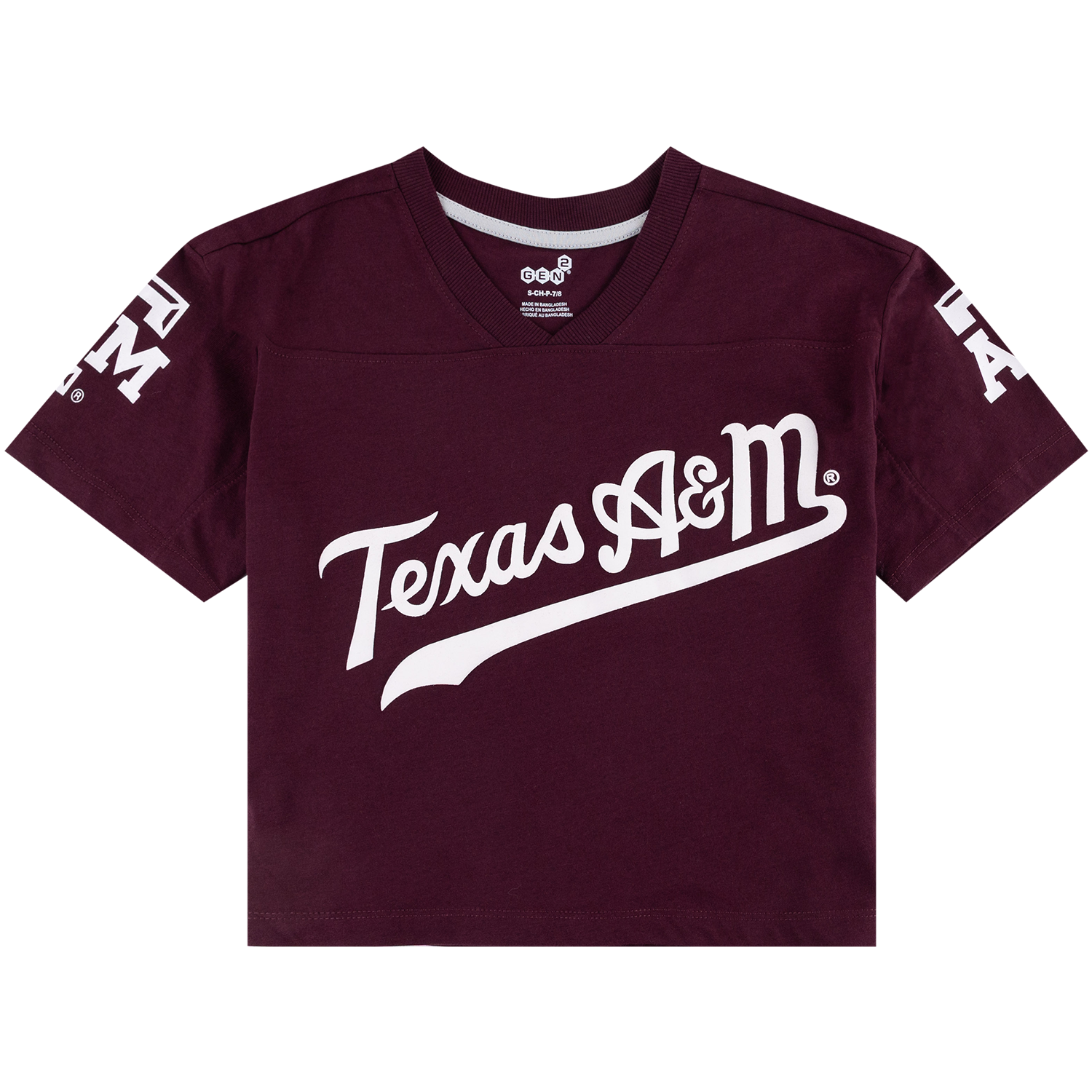 A youth girls short-sleeve V-neck jersey style t-shirt in maroon with a large white 'Texas A&M' script logo across the chest and white lettering on both sleeves, shown flat on a white background.